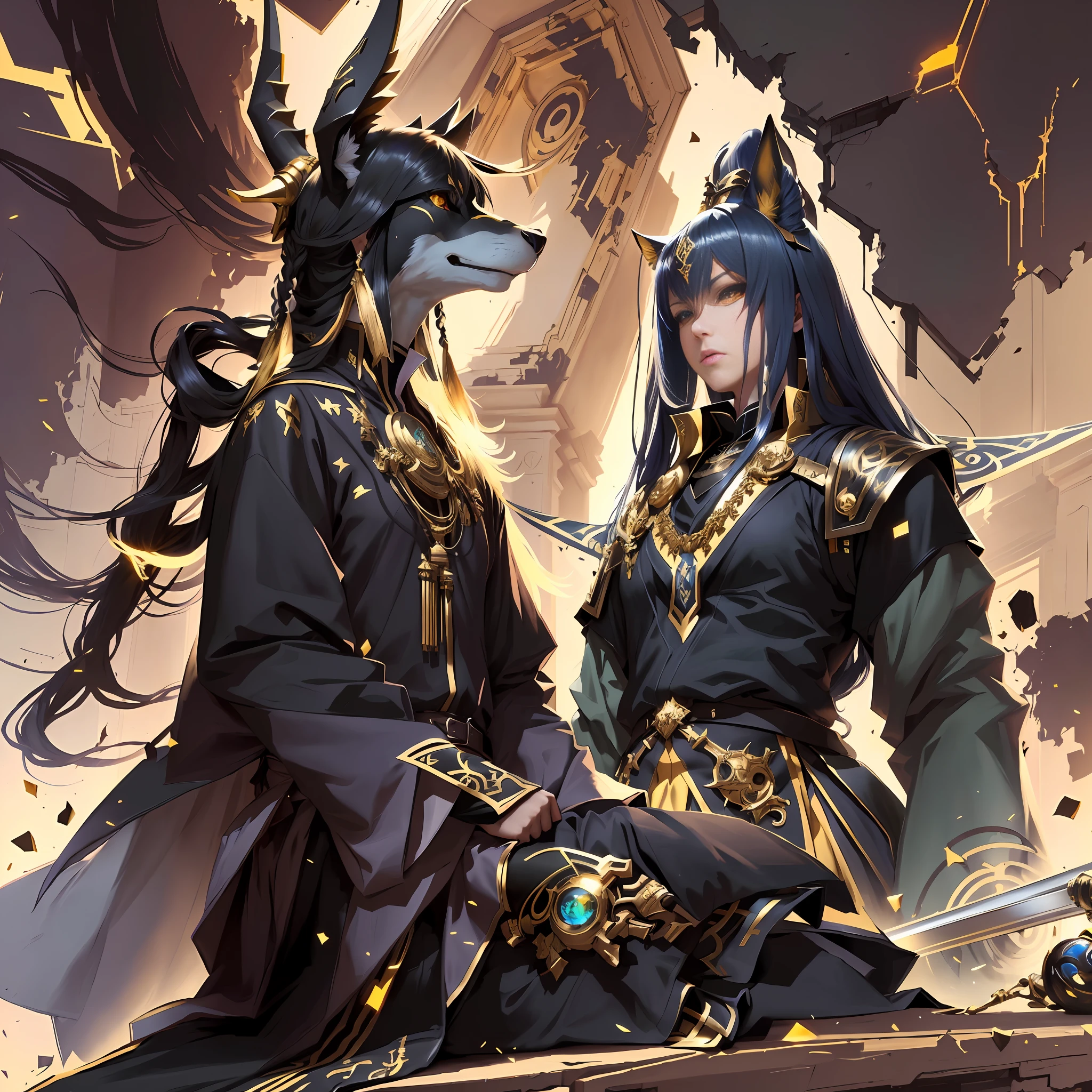 Anime characters sitting on windowsills, clenched fists, in the background is a time vortex, Hidari and Vlop, a picture of the ghost of Anubis, the mysterious Anubis Valkyrie, the god Anubis, the angry god Anubis, Anubis, Zerochang art, high-detail official artwork, highly detailed fine fan art, popular on ArtStation pixiv, wearing dark robes with golden accents, blue pupils