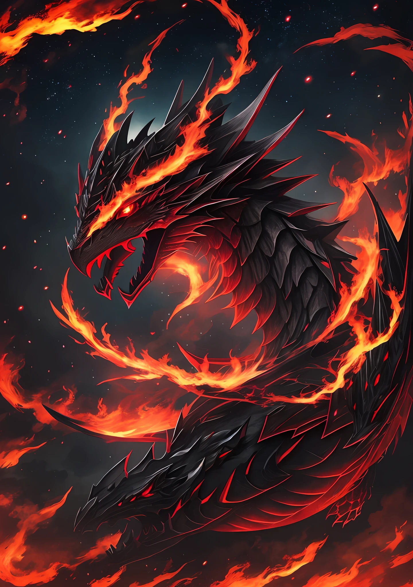 black
dragon with glowing red eyes, fire in the background, night sky --auto --s2