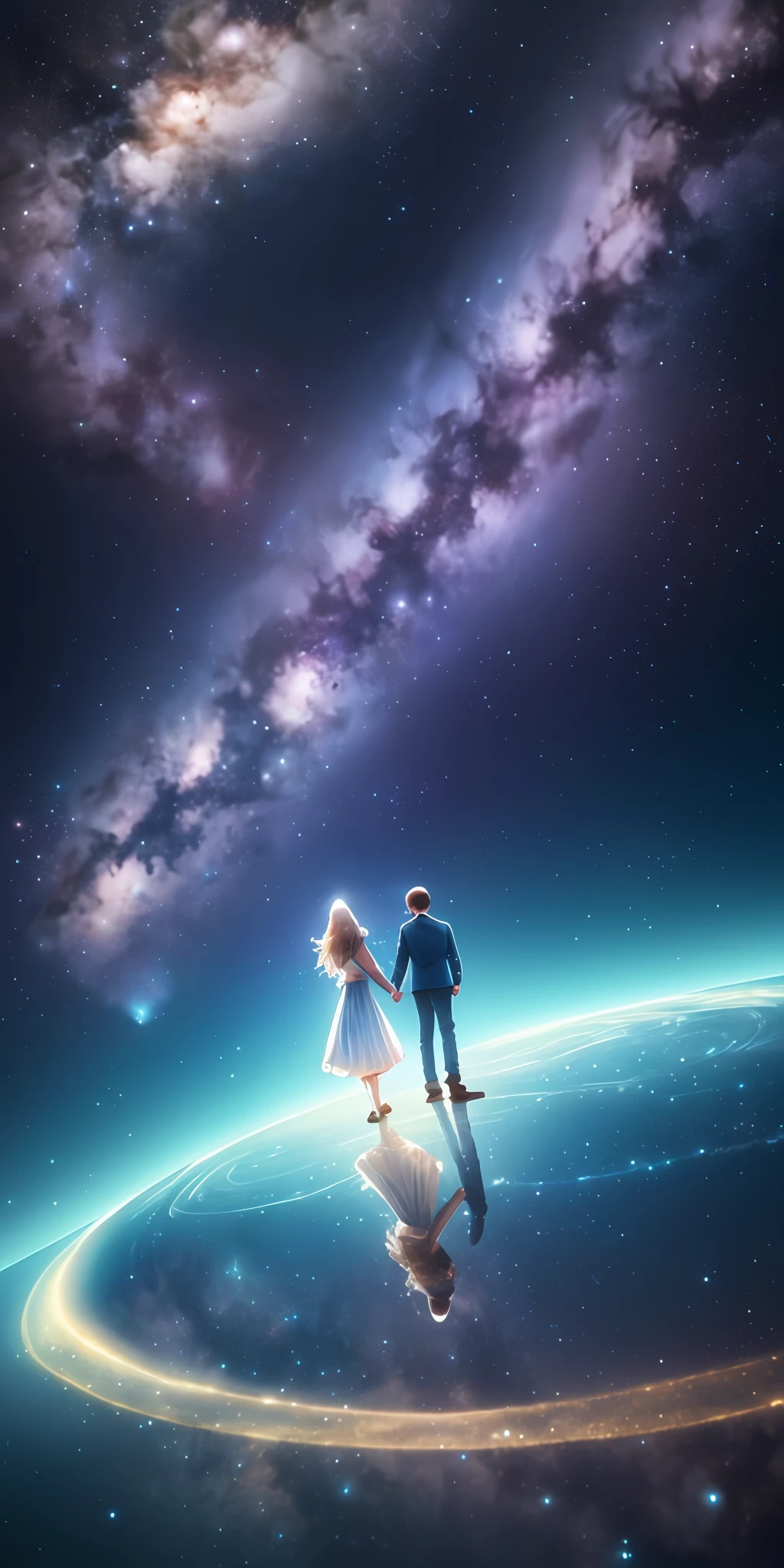 Wide field of view, (a boy leading a girl with long hair standing on the reflected water: 1.9, boy short hair: 1.3, girl long hair: 1.3), looking up at the starry sky, two with their backs to the audience: 1.2)), an ethereal and fascinating journey into the depths of the galaxy, showing the magnificent beauty of the universe through ultra-detailed and highest quality CG art. Celestial bodies and stars float harmoniously to form the Milky Way. The hues are purple and blue. Volumetric lighting brings an otherworldly glow to the surroundings and adds to the magical atmosphere. Quiet Nights, 8K, Fantasy Art, Watercolor Effects, Hand Painted, Digital Painting, Low Poly, Soft Lighting, Aerial Views, Isometric Style, Vintage Aesthetics, Focus on Characters, Photorealistic Rendering, Using Cinema 4D