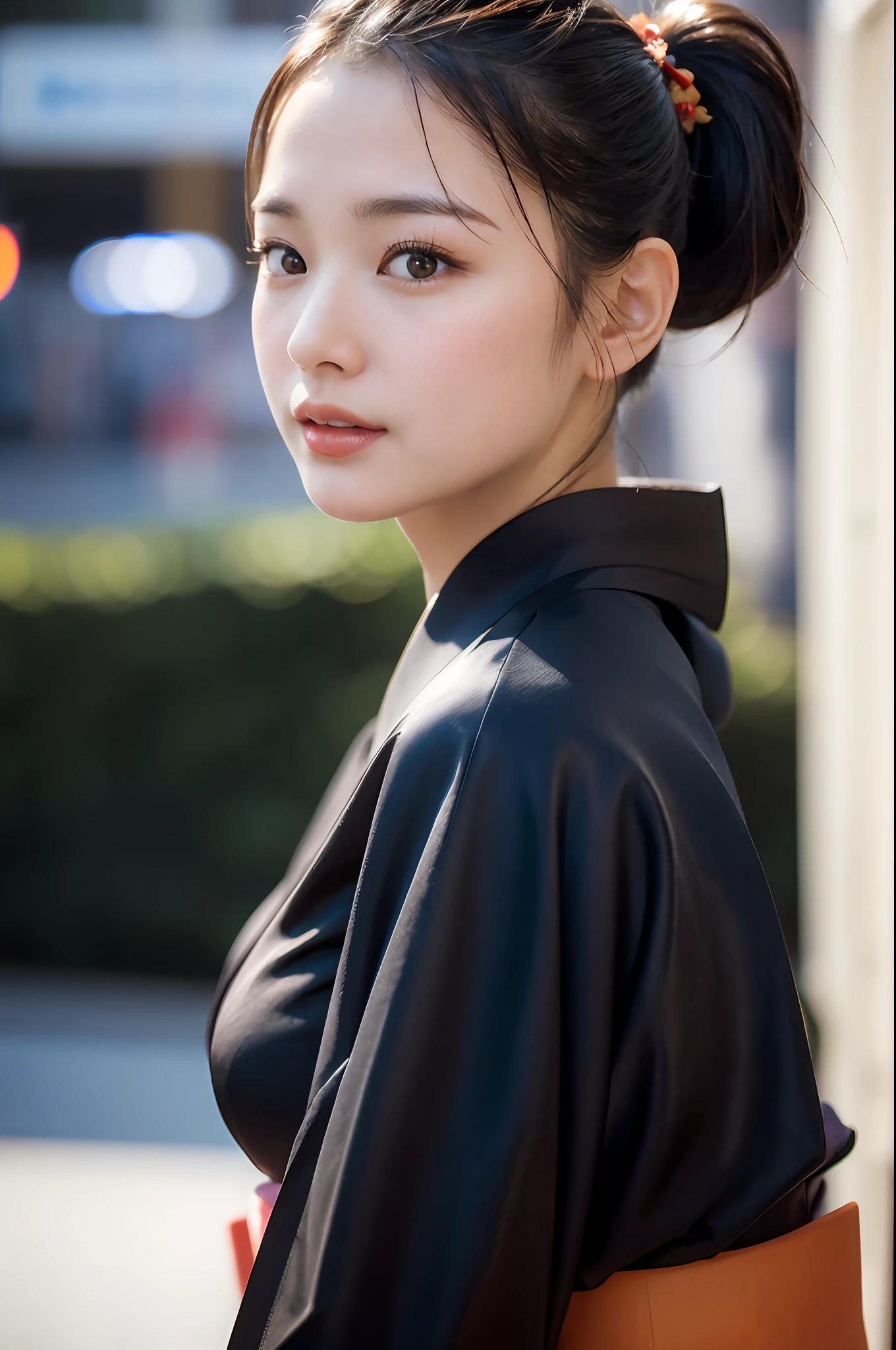 ((fancy kimono, ponytail, from the side))), (walking sideways, festival, in the city, at night, side breasts visible through clothes, open chest, looking to the side, angle from above), (very dark lip gloss, pitch black lipstick, so many eyelashes, pitch black eyeshadow), bras in simple colors, NSFW, 8k, RAW photos, top quality, high resolution: 1.1, Hyper-Realistic: 1.4, Realistic, Ultra Detail, Photorealistic: 1.3, Absurdity, Masterpiece, Urzan-6500-V1.1:0.33, beautiful_mistake-6500:0.66, PureErosFace_v1:0.33, Raw Photo: 1.2, Open Mouth, Soft Light, Cinema Light, Film Grain, Full Body, Depth of Field,, Blurry background, eye focus, POV, 20 years old, 85mm lens, f/1.4, professional lighting, portrait, photon mapping, radiosity, physically based rendering, transparency, Japan girls, sexual arousal: 1.5, realistic face, realistic body, realistic skin, clean: 1.5, big breasts: 1.3, teardrops, watery eyes, raised eyebrows, good style, camel toes, smile, Charming smile