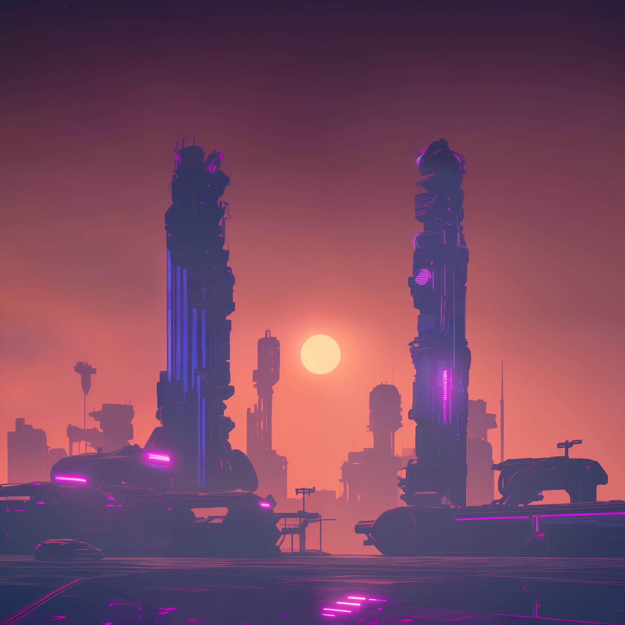 realistic, futuristic, technology, 4k, sunset, retro, dark sky, (nvinkpunk:1.2), (snthwve style:0.8), highly detailed