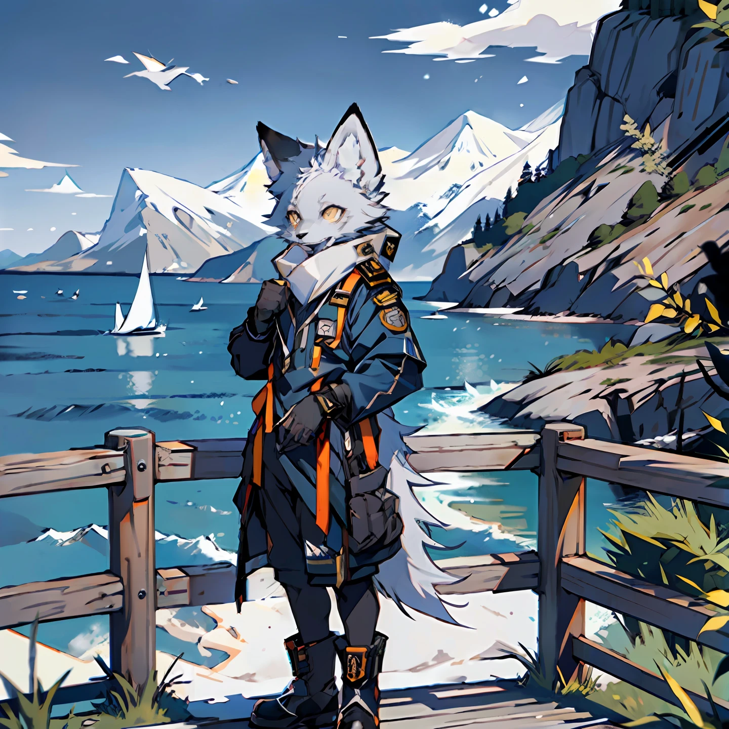 (Best Quality), (Masterpiece), ((Solitary)), (Ultra Detailed), (Furry), (Furry), (Male Arctic Fox: 1.5), (Gray Skin: 1.3), (Fluffy Tail: 1.2), (Golden Eyes), (Arctic Fox's Paws), (Grey Ears), , Sharp Focus, (Furry Feeling of Animal Ears), (((Navy Uniform)), Standing by the Sea, Standing on the Dock, Leaning against the Guardrail, Detailed Background, Detailed People