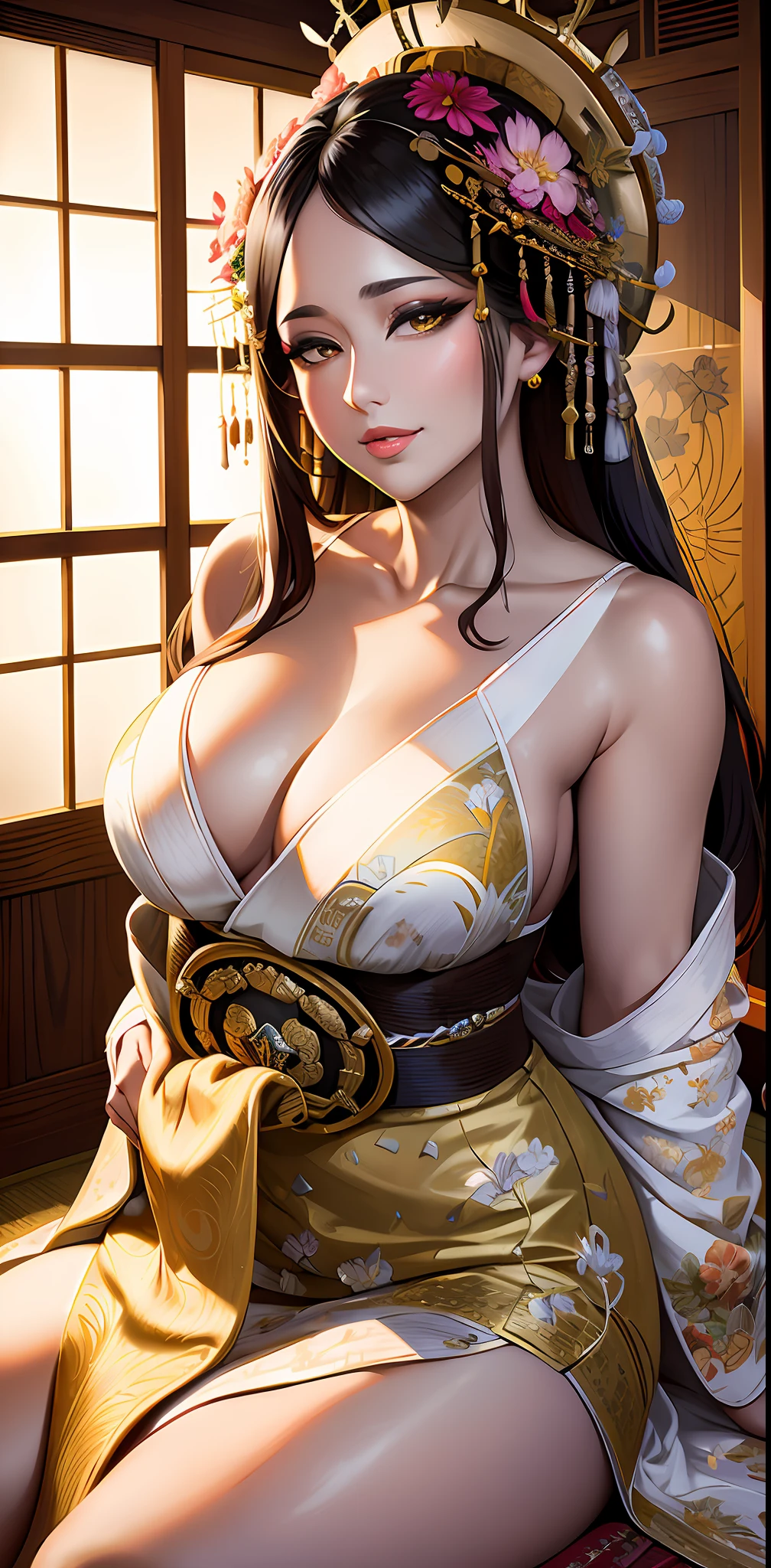 (Masterpiece, Best Quality:1.3), highres, Manga, cowboy shot, (ultra-detailed), highly detailed portrait of a beautiful queen, long hair, sitting, fetal_position, [upright], curvy, (1girl), ((lips)), (nose), ((long face)), mature female, blossom tree, seductive, elegant, stylish, sultry, sexy, grin, looking at viewer, (japanese clothes), laurel crown, (chiton:0.7), flowers, soft makeup, textured, patterned, cinematic, dynamic posture, wide shot, dramatic lighting:1.1, (gradients), nature, (perfect face), outline, sharp focus, warmth, light particles, (depth of field), (intricate details:1.2), (extremely detailed background), east asian architecture