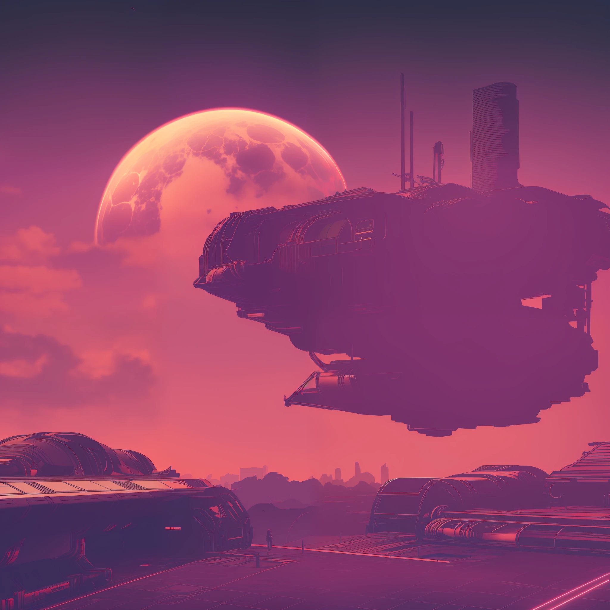 realistic, futuristic, technology, 4k, sunset, retro, dark sky, (nvinkpunk:1.2), (snthwve style:0.8), highly detailed