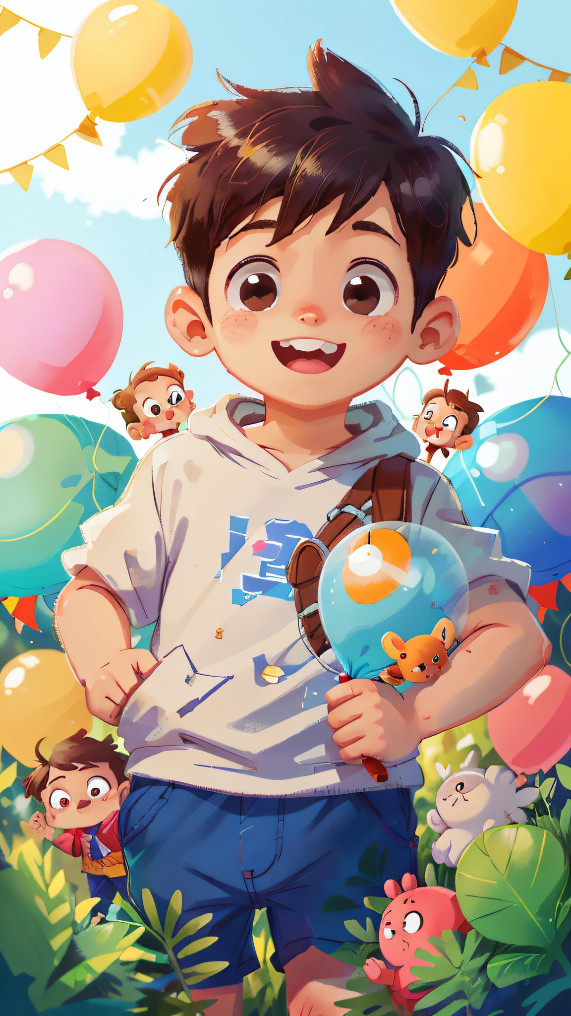 A boy, zoo, many balloons, happy, happy, perfect quality, clear focus (clutter - home: 0.8), (masterpiece: 1.2) (realistic: 1.2) (bokeh) (best quality) (detailed skin: 1.3) (intricate details) (8K) (detail eyes) (sharp focus), (happy)