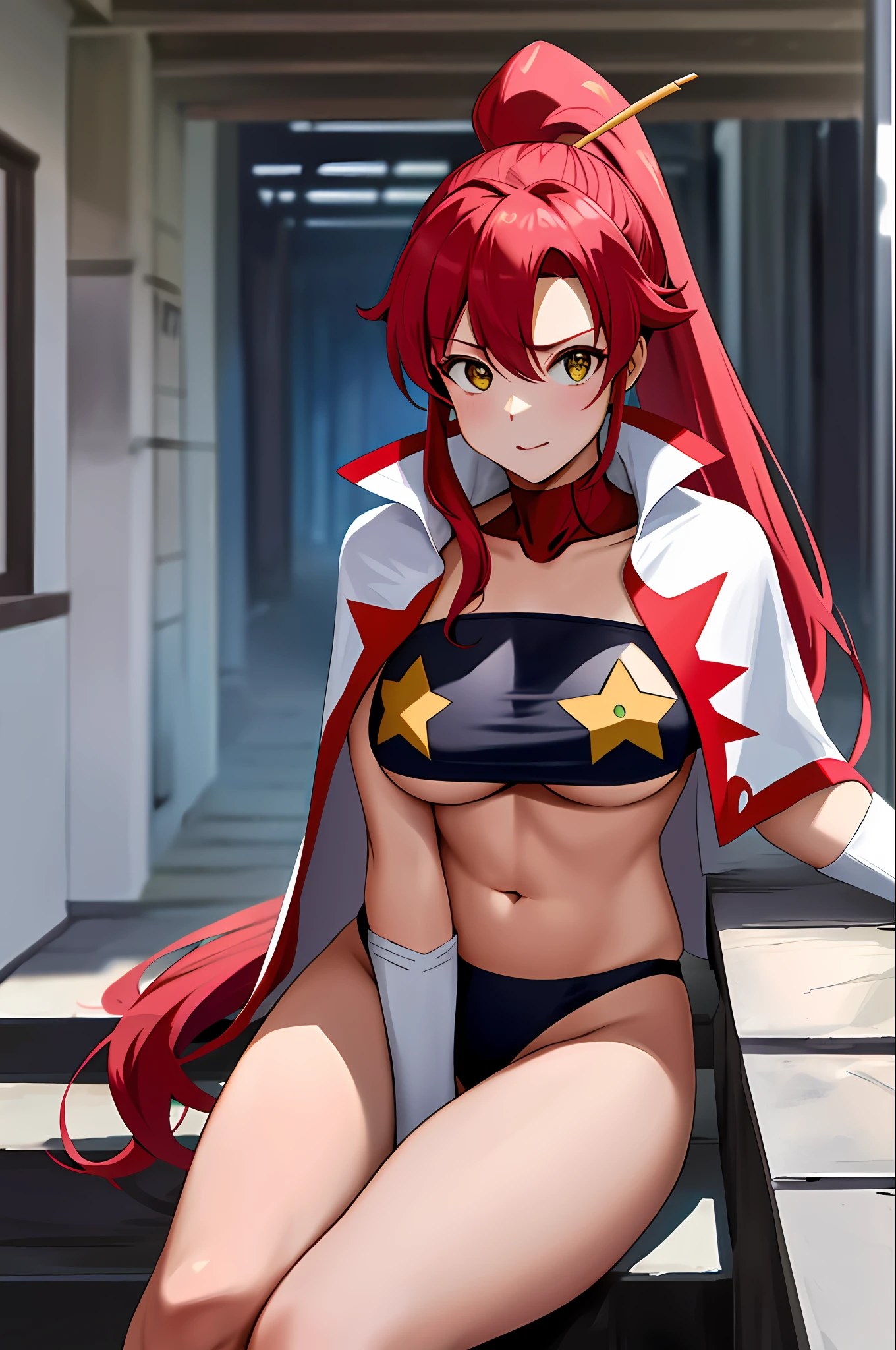 masterpiece, best quality, highres, yl1, ponytail, underboob, cape, bandeau, hair ornament, hopefully falling, tube top, midriff, white gloves, star (symbol), thighs, cowboy shot, street, sitting, look is sexy position