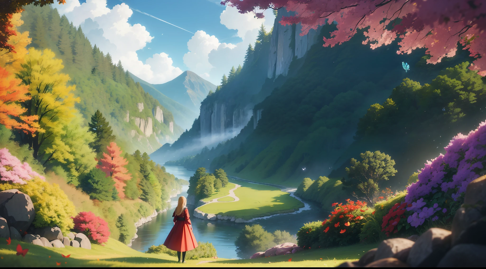 Description: A smiling woman with long blonde hair and red dress in an expansive landscape (a top-down view that shows the top of a mountain and a vast forest with rivers below). The water is clear and translucent, with autumn leaves floating as the wind blows strongly, making the leaves fly around.
Environment: The landscape is extremely green, full of trees, villages and mountains, with a giant tree standing out in the background. The seas are reflective and the flora creates strong shadows. The sky is extremely blue, with white clouds.
Lighting: The lighting is extremely strong, alternating between light and shadow, with special focus on the color green. Use ray tracing reflections and RTX to perfect the sunlight that illuminates every woman, making her hair and dress transparent and creating bright reflections.
Technical Details: Use Unreal Render, Octane Render and HDR to ensure quality in 8K UHD. Emphasize realistic skin details such as visible pores, and add lomography and film grain effects. The volumetric mist adds an artistic touch, highly detailed, colorful details, (bright lighting, atmospheric lighting)
Additional Elements: Add colorful mushrooms, flowers and butterflies to create a fantastic atmosphere. The shadows and lights should be intense to reinforce the feeling of strong wind. Colors should be vibrant and vivid.
Observations: The image should depict only woman and nature, without any human construction. Emphasize the transparent red dress and the strong colors present in the scene.