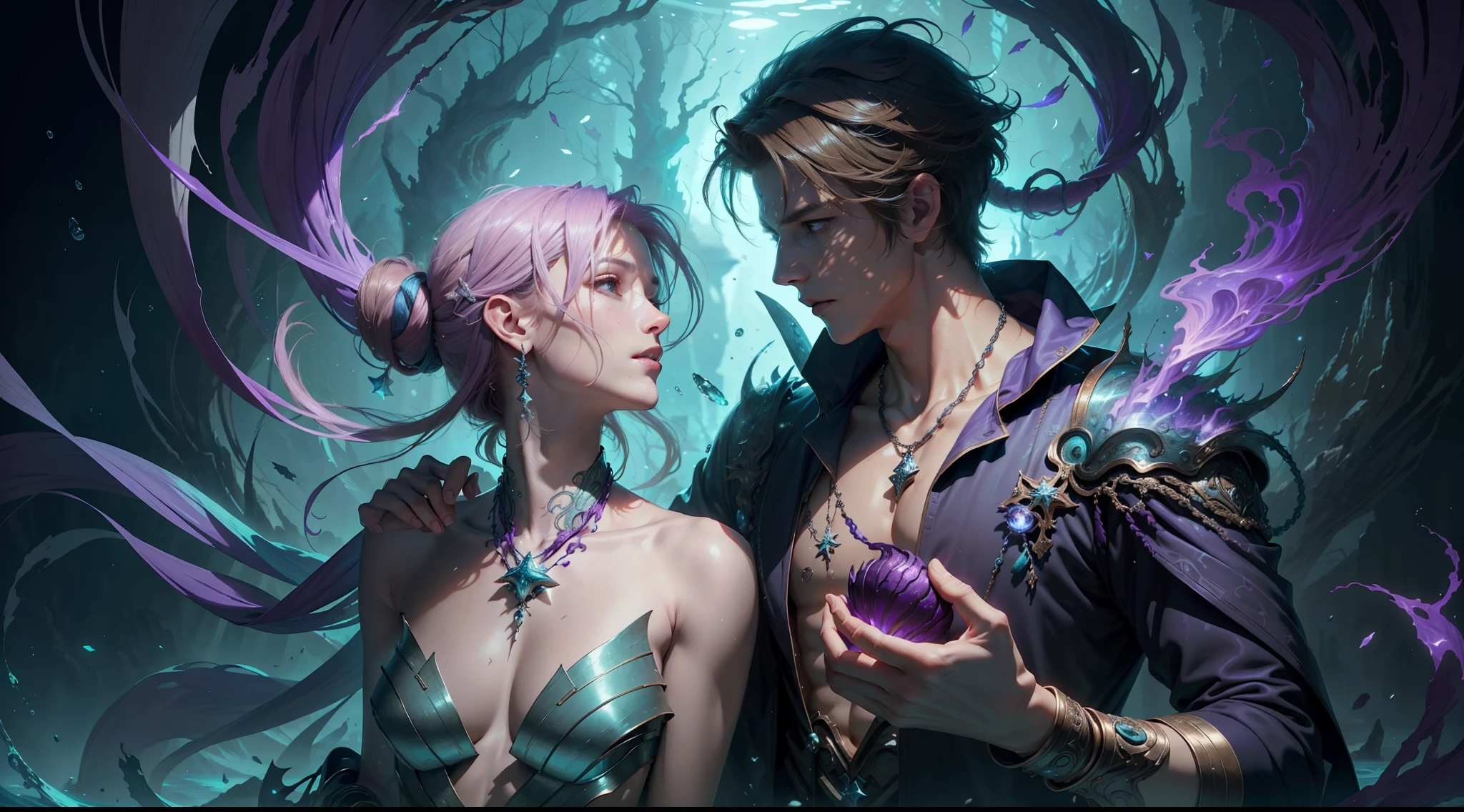 Multi-person interaction, intimate couple, beautiful composition, gorgeous underwater light, "1boy, (Sousuke Aozen), close-up, badass pose, bleach, powerful aura, purple aura", HD, unparalleled masterpiece, dynamic lighting, movie, epic, and "1girl, (dynamic pose), confident powerful mysterious smile, beautiful blonde, (perfect facial features)", (Enchanted Forest: 1.3), (Magic Glow: 1.2), Elegant Atmosphere, (Secluded Beach: 0.8), (Seashell: 0.9), (Flawless Skin: 1.2), breathtaking details. (Masterpiece, best quality: 1.2),