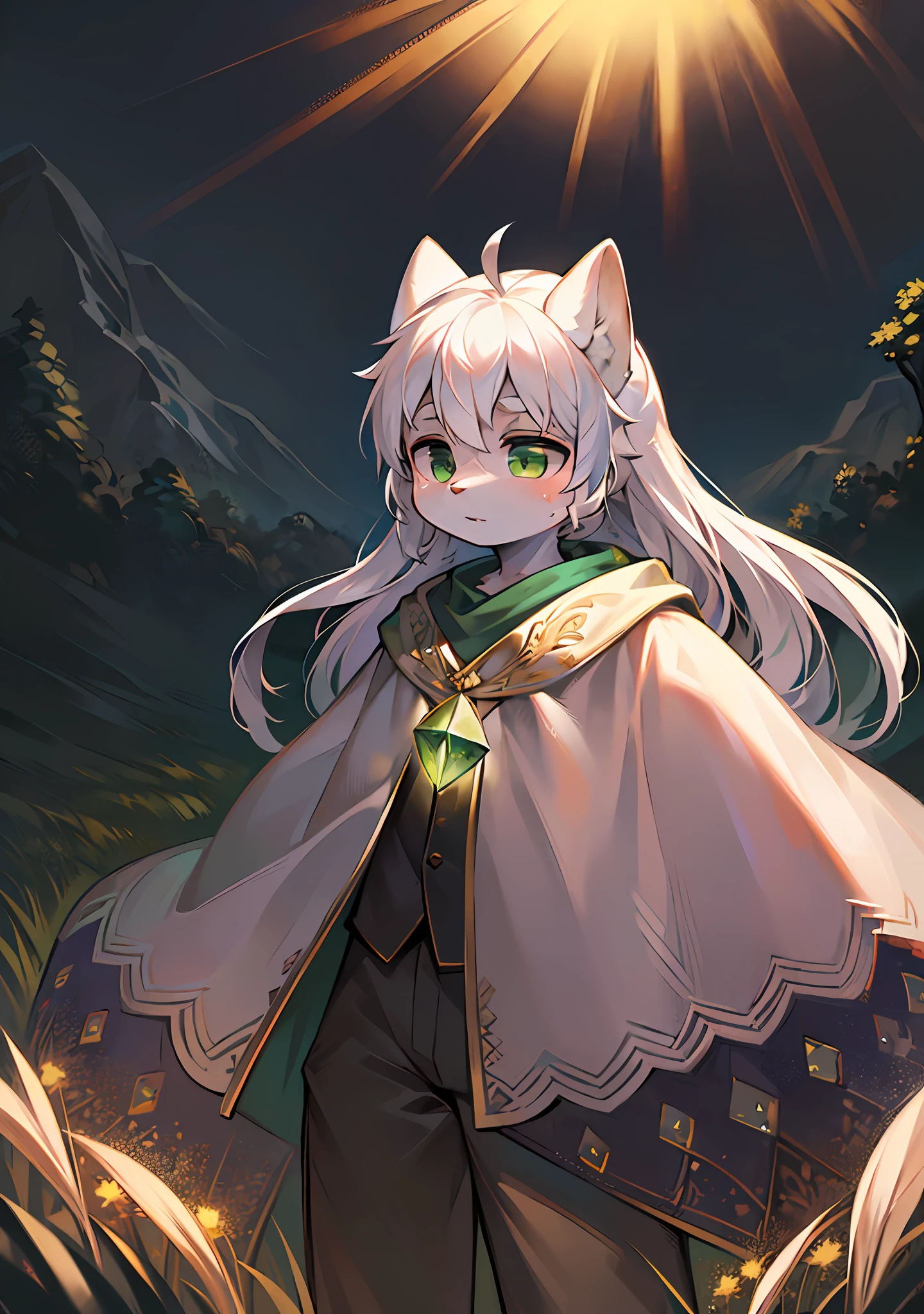 Masterpiece, high-quality portrait, 3D realistic CG, 16k, dramatic lighting, intricate details, impasto, anthro, furry, white hair all over, (juvenile), boy, field, night, vista, dark green gem on a white cloak, wind mark in hair, white ears, (by kekitopu)