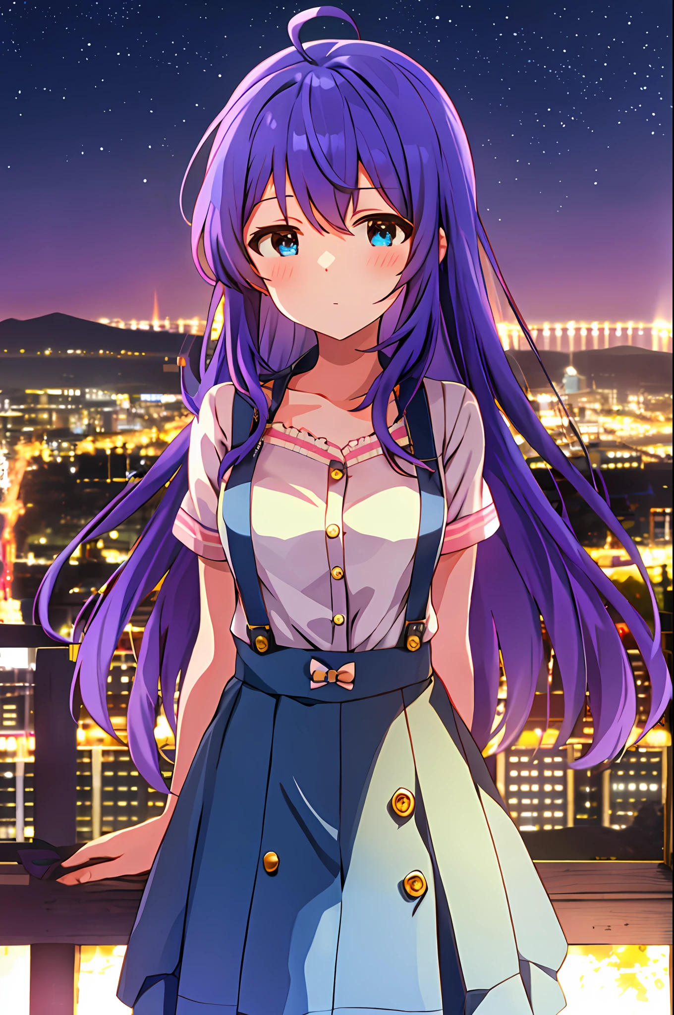 Anna Mochizuki (Million Live), (Top Quality, 8K, Masterpiece, Super Detail: 1.2), 1 Girl, Suspender Clothes.Skirt.Blushing, Clavicle, Bow, Ribbon, Blue Bow.Night.Nightview.Outdoors.