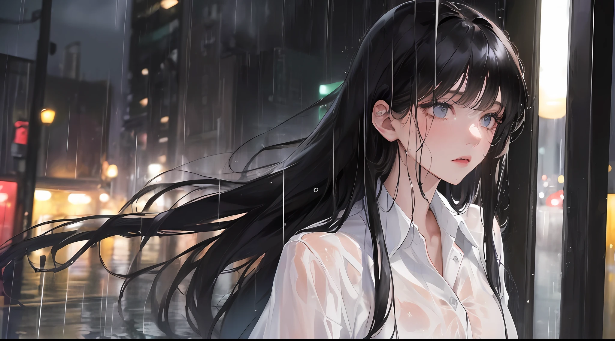 (maximum resolution, distinct_image) Best quality, (((1 woman))), masterpiece, very detailed, night cityscape, semi-realistic, wet black hair, wet straight hair, expressionless, bangs, strong rain, 21 years old, mature, young, wet white shirt, outdoors, delicate facial features, facial features, mid-shot,