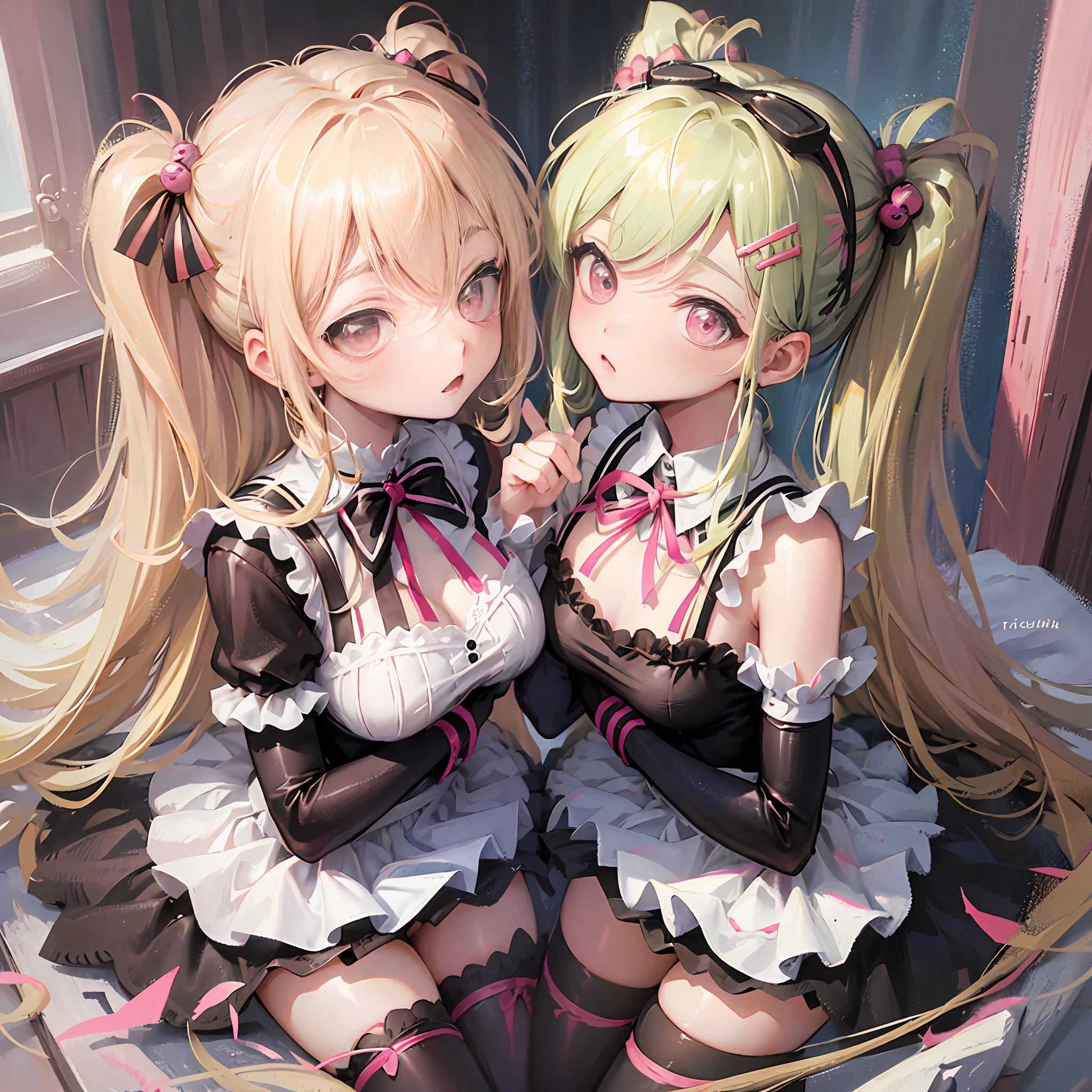 Cartoon girl in pink maid outfit, little curvaceous loli, shikamimi, danganronpa, two headed one girl, anime stylization, anime girl in maid costume, stylized anime, blonde