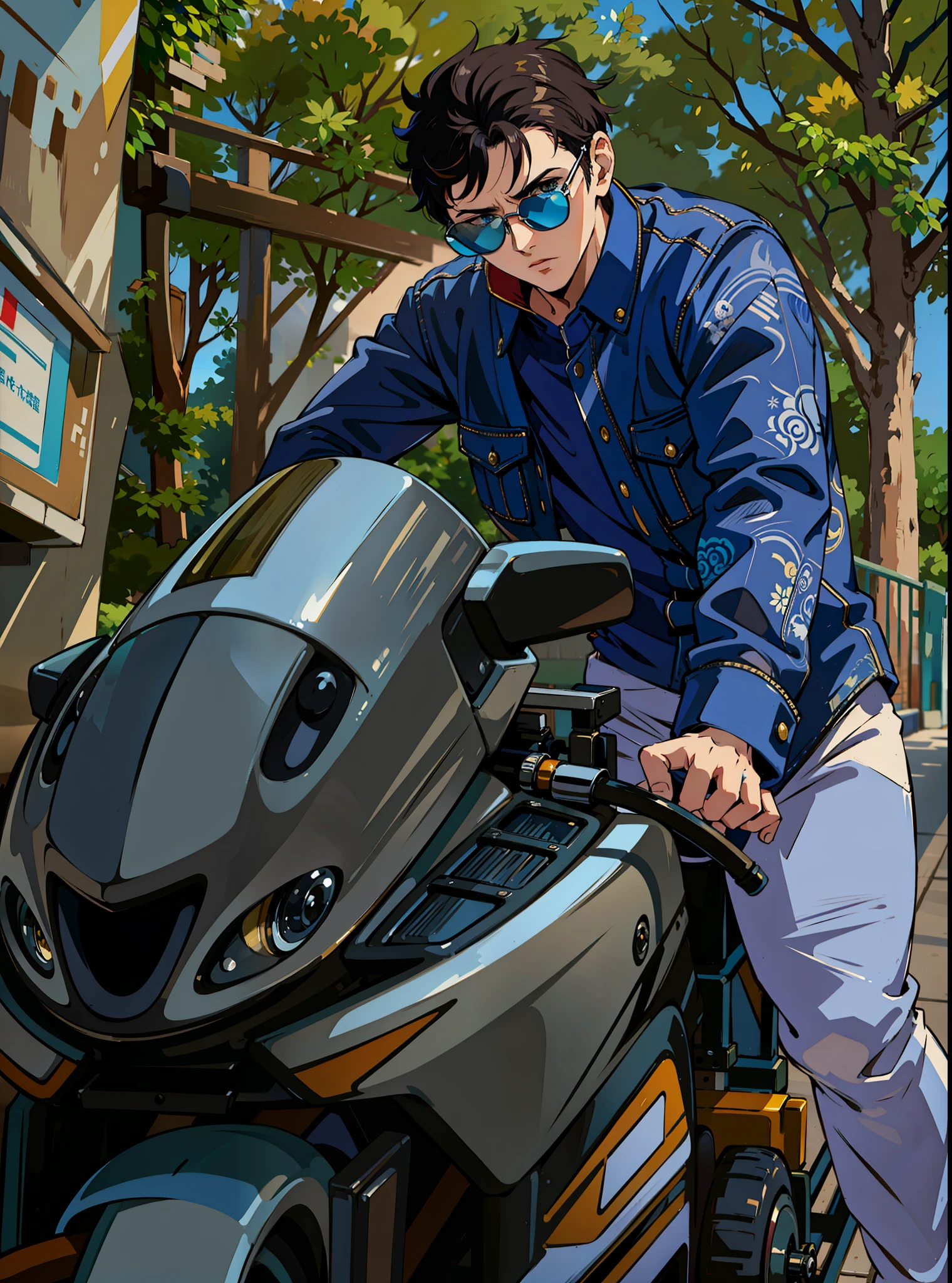 (masterpiece),(best quality:1.0), (ultra highres:1.0), detailed illustration, 8k, 1boy, anime boy, wearing blue shirt, serious look, detailed face, perfect face, dark sun glasses, detailed hair, highlights in hair, stylish hair, on a bike, cool bike, sunny day, well lit, highly detailed, anime style, vibrant