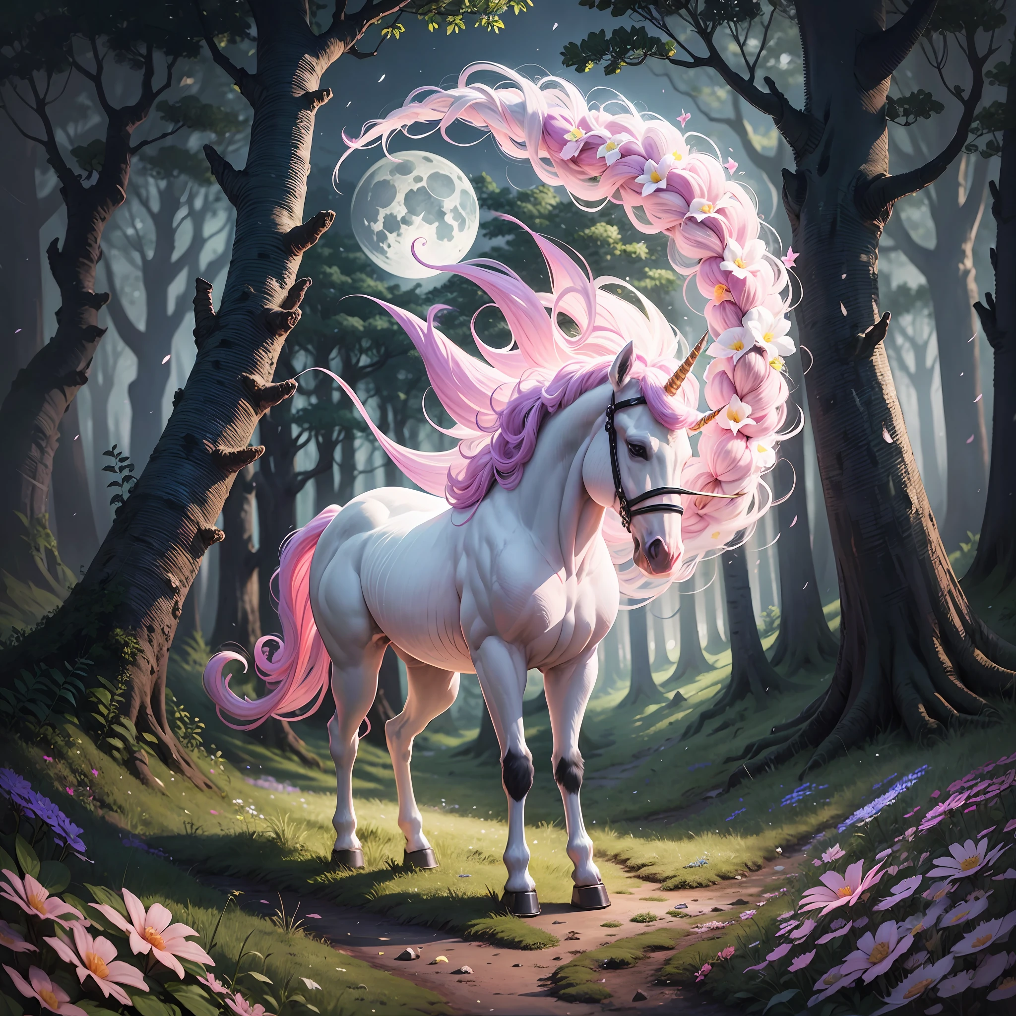 Unicorns in a forest with a full moon and a pink flower --auto --s2