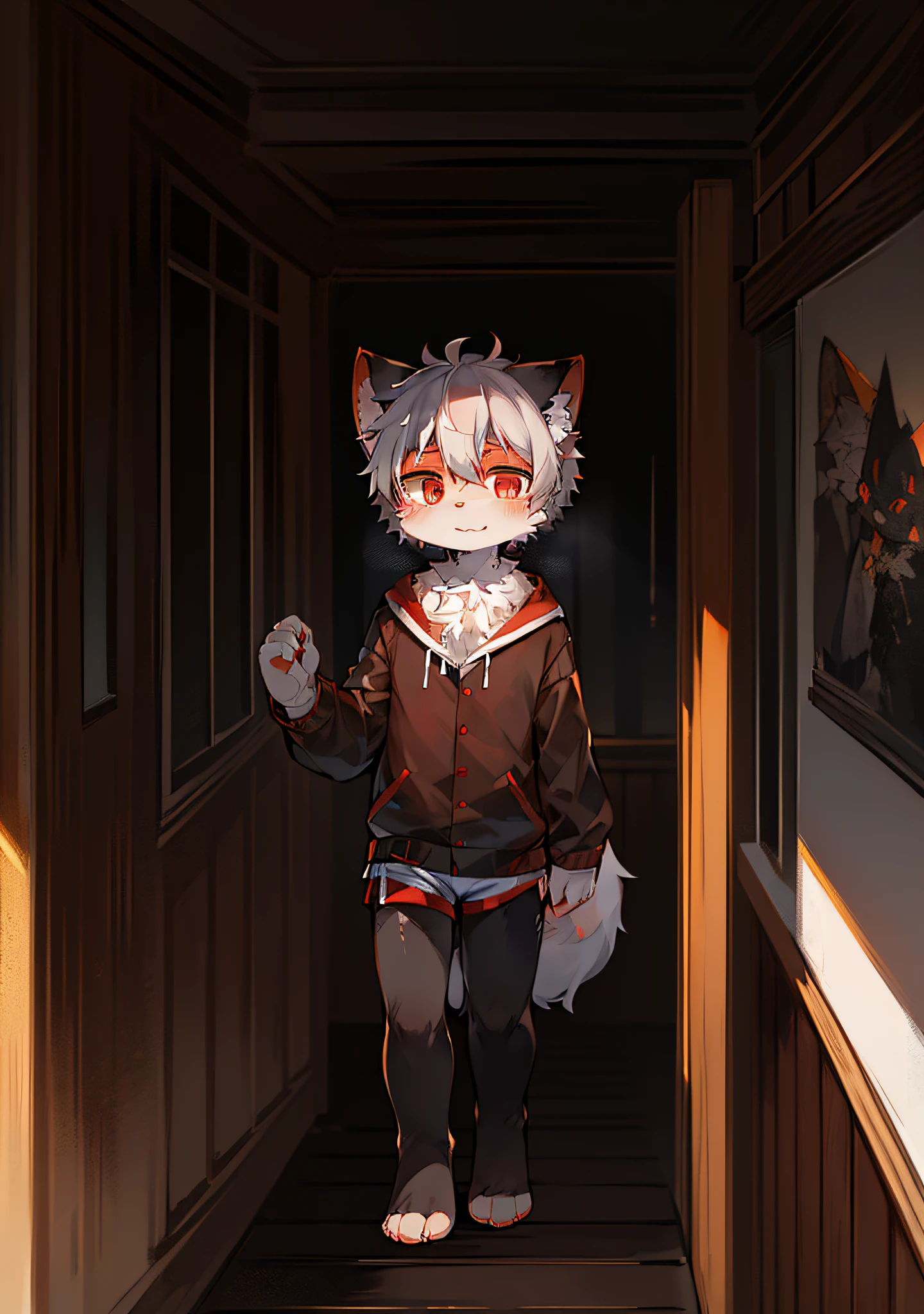 (Dark Environment: 0.8), Masterpiece, High Quality, Abstract Res, Digital Painting\(artwork\), by Dagasi, Yupa, Kiyosan, (Anthro, Fluffy Fur, Character Focus: 1.1), Anthro Male Cat, Short Hair, Portrait , bright eyes, panorama, character focus. (Detailed background: 0.7), Solo, Furry, Furry Male, Male Focus, Anthr, (Full Body Fur, Fluffy Tail, White Fur, Red Eyes, Gray Hair: 1.2), (Long Canids