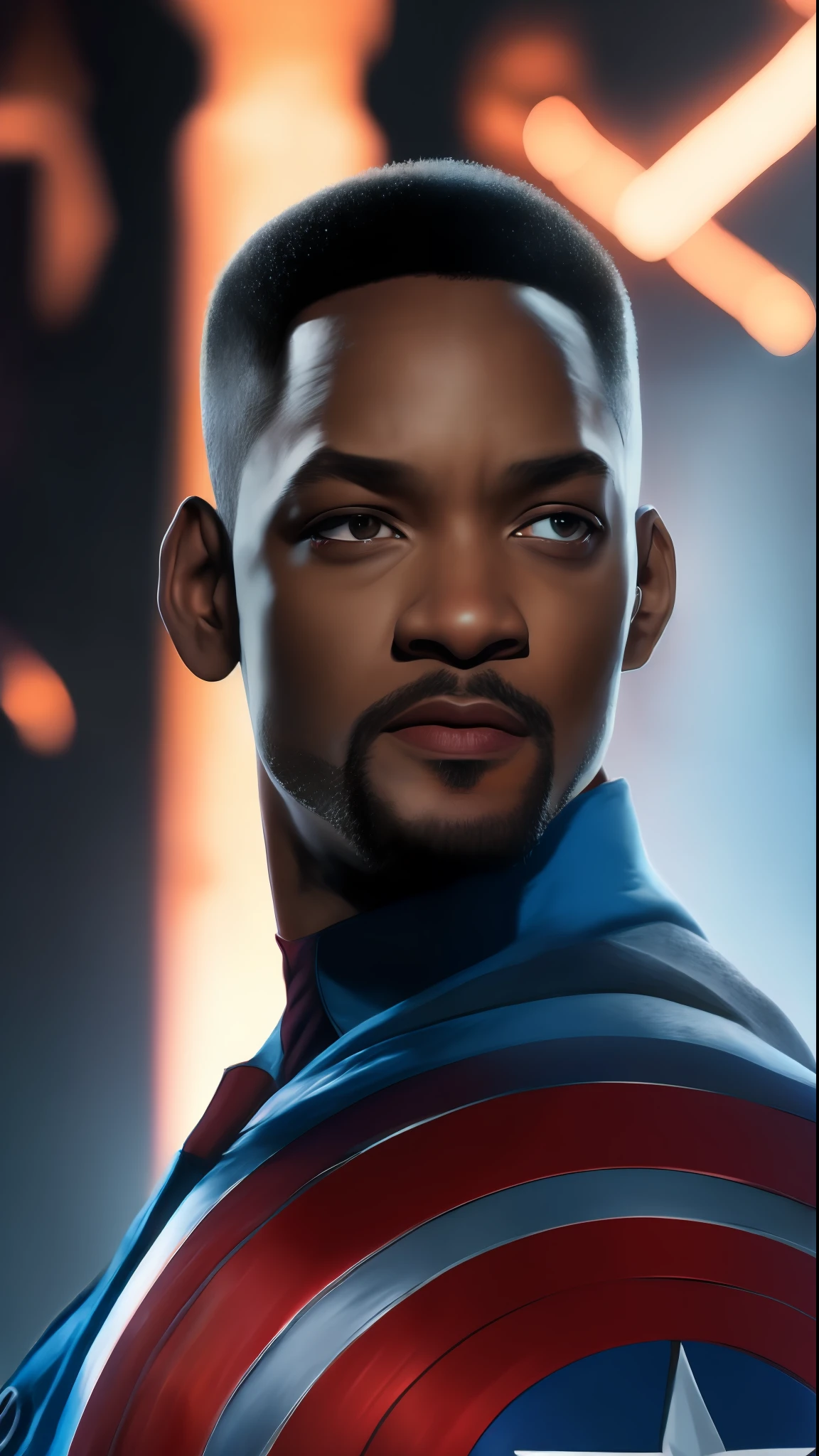 . .Tarantino style Will Smith as Captain America 8k, high definition, detailed face, detailed face, detailed eyes, detailed suit, in style of marvel and dc, hyper-realistic, + cinematic shot + dynamic composition, incredibly detailed, sharpen, details + superb details + evening with light + perfectionism + award winning realism ((moody lighting))