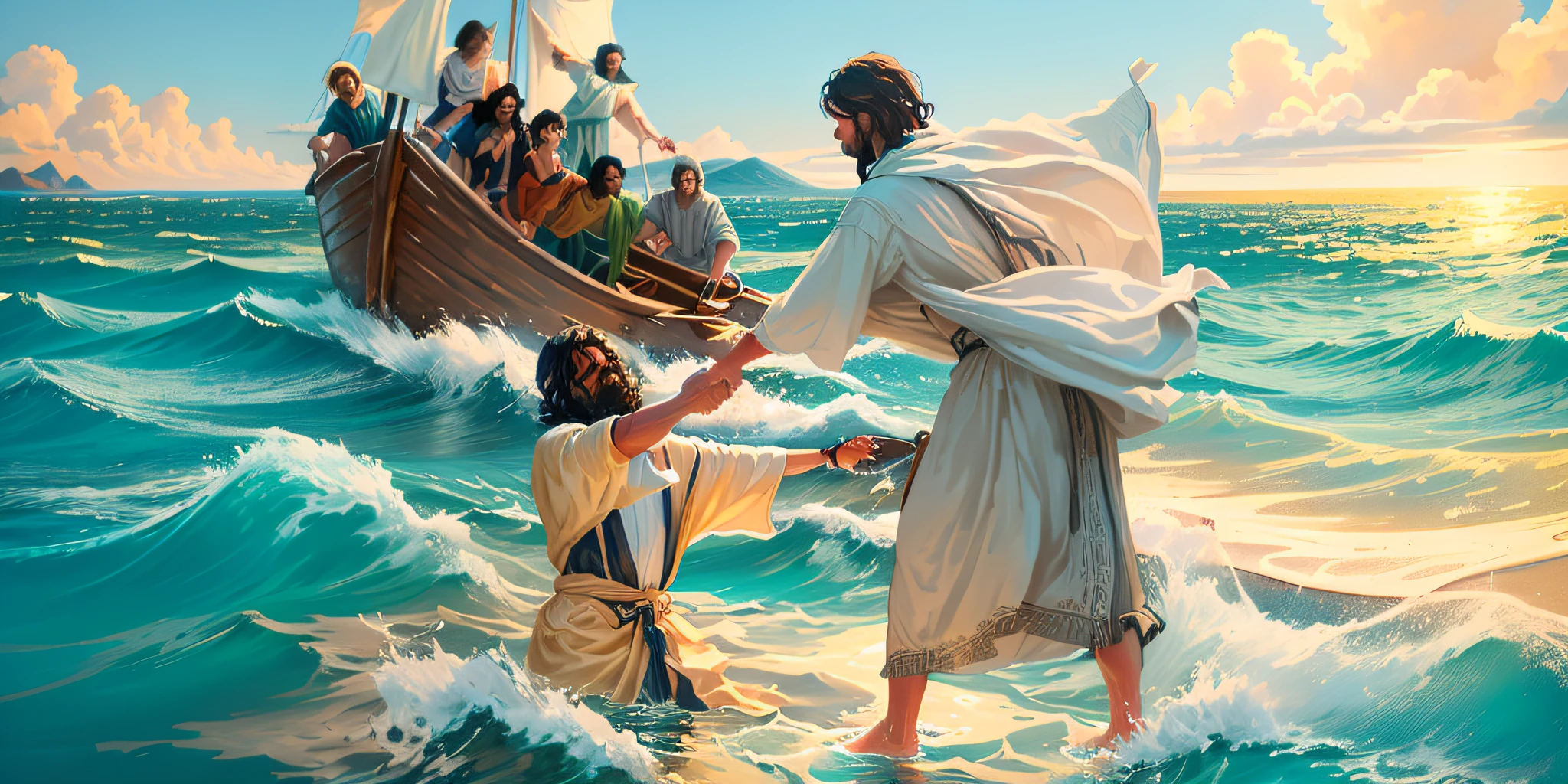 Jesus walking on water with a boat in the background, Jesus walking on water, biblical illustration, epic biblical representation, forcing him to flee, coming out of the ocean, ! holding in hand!, disembarking, god of the ocean, beautiful representation,