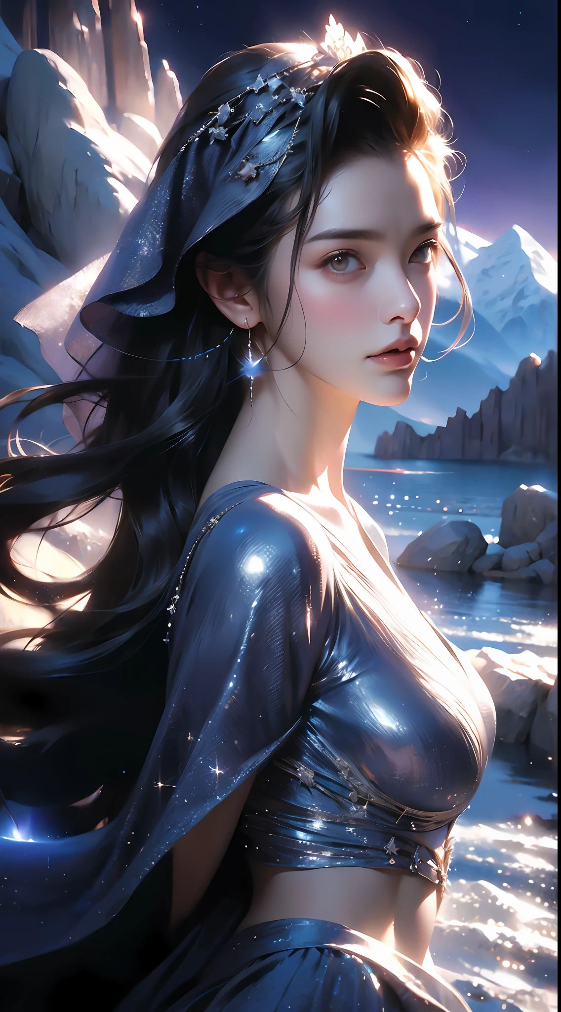 Starry Sky with Mountains and Lake, Jessica Rossier, Inspired by Jessica Rossier, Jessica Rossier Fantasy Art, Concept Art Magic Highlights, Official Artwork, Dream Painting, Ethereal Realm, Atmospheric artwork, dreamy matte paintings, serene endless stars inspired by Ted Nasmith, moonlit starry environments, epic music album covers.
