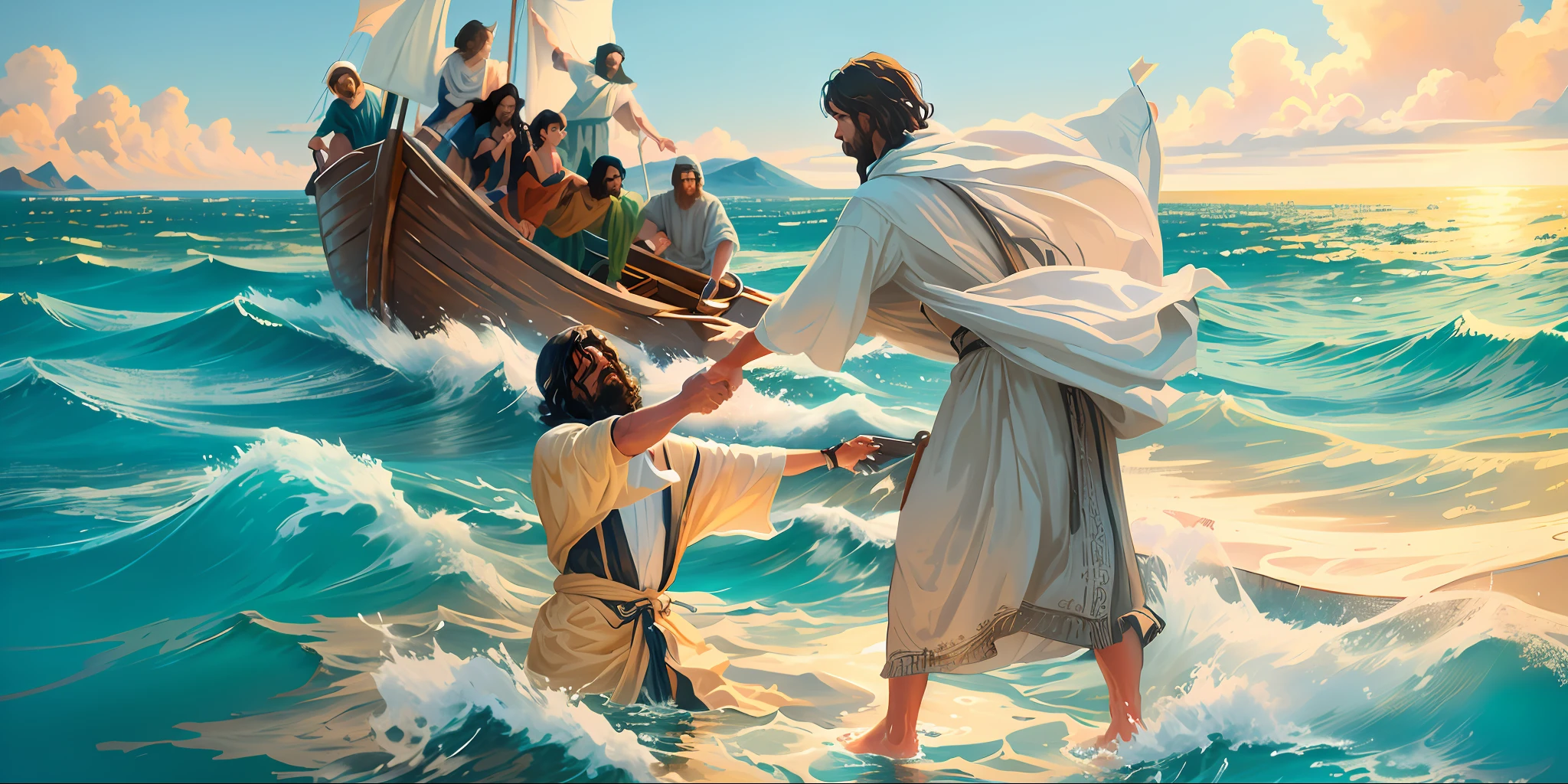 Jesus walking on water with a boat in the background, Jesus walking on water, biblical illustration, epic biblical representation, forcing him to flee, coming out of the ocean, ! holding in hand!, disembarking, god of the ocean, beautiful representation,