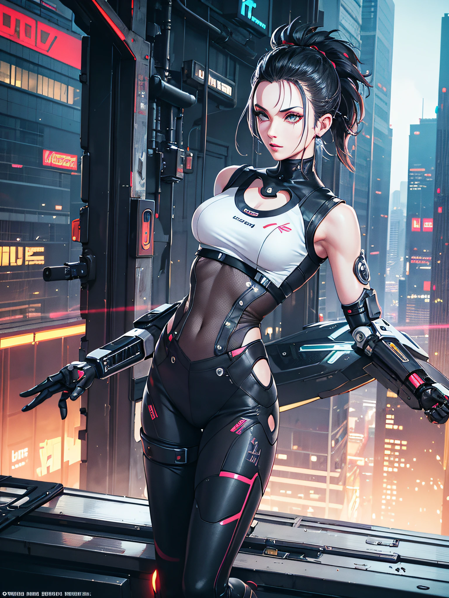 Cyberpunk, 2077, futuristic wind, roof background, a beauty, black yoga pants, white vest, robotic arm, cyberprosthetics, prosthetic eyes, tight, beautiful, moving, delicate facial features, good body proportions, correct proportions, delicate face, delicate skin, smooth skin, clean skin, full chest, front