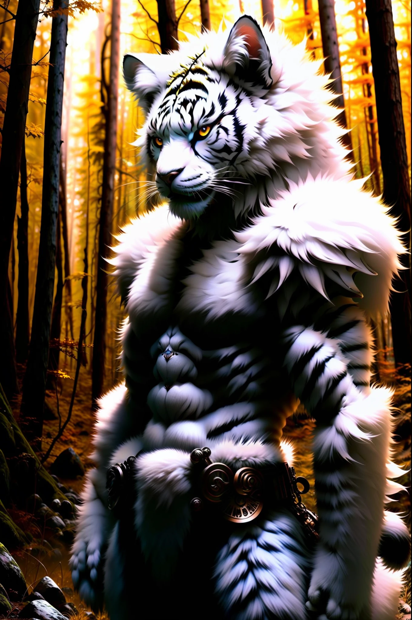 RAW photo, werecreature, werecat tiger, white fur, large head, in a forest, 80mm, f/1.8