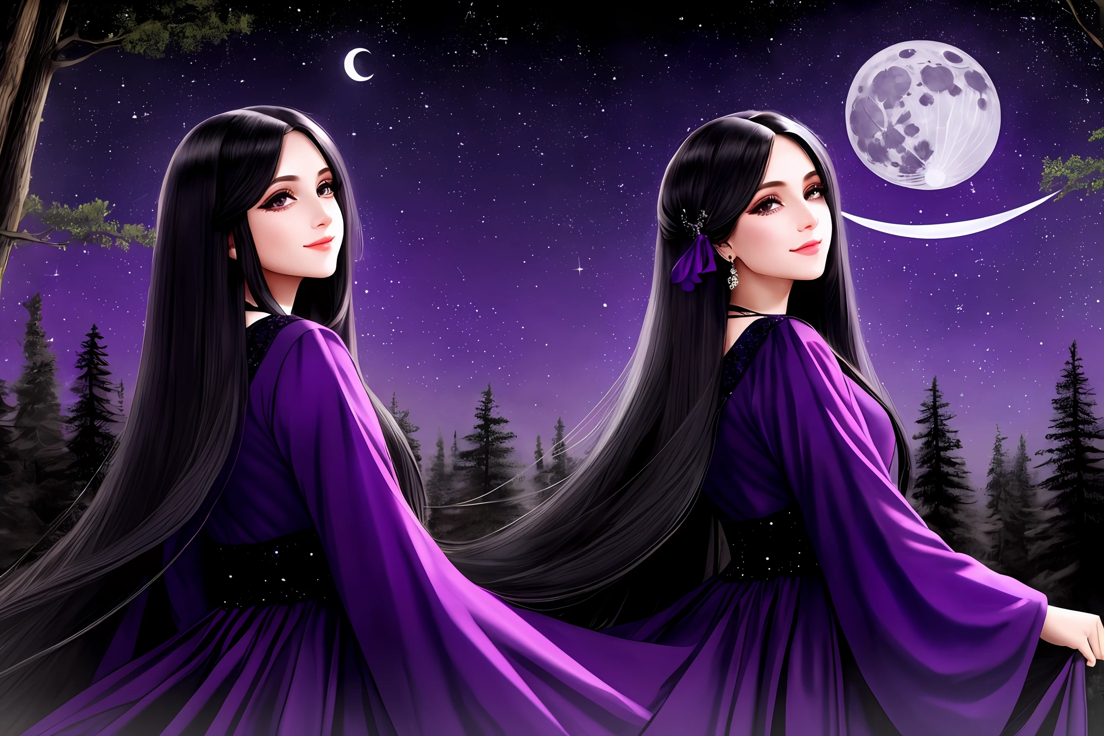 Beautiful young woman long straight hair Black Purple purple dress with details on ribbon scenery Forest with big trees night sky with full moon and stars she is happy looking forward looks at the black long eyelashes