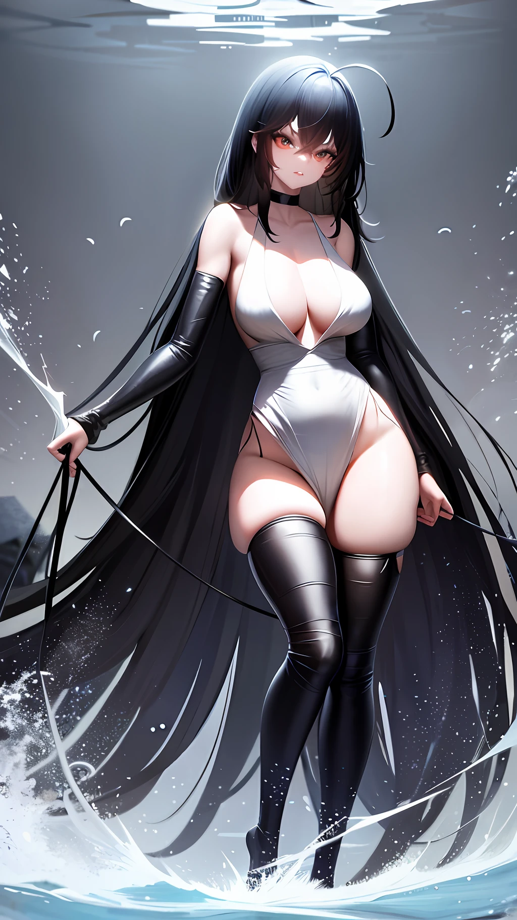 Two-dimensional, black-haired girl, long hair, tall figure, big chest, soaked, thin waist, long legs, bare shoulders, super clear, many details