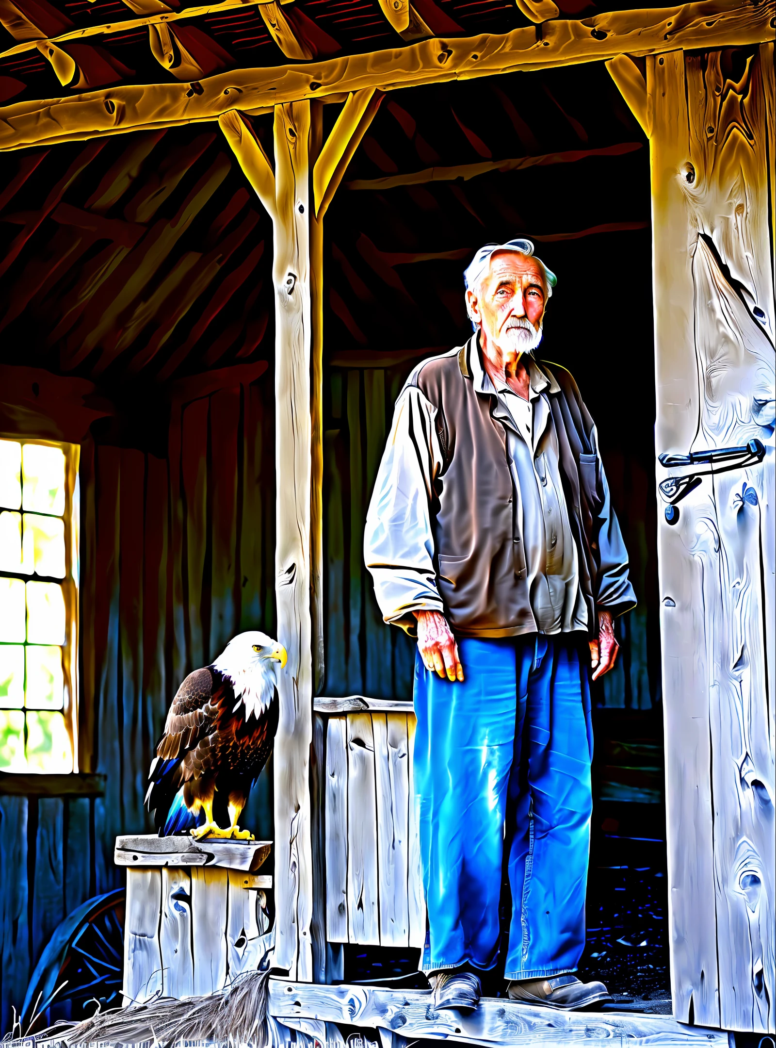 : Image of the wise old man and the eagle on his side in the abandoned barn, detailed 8k image,