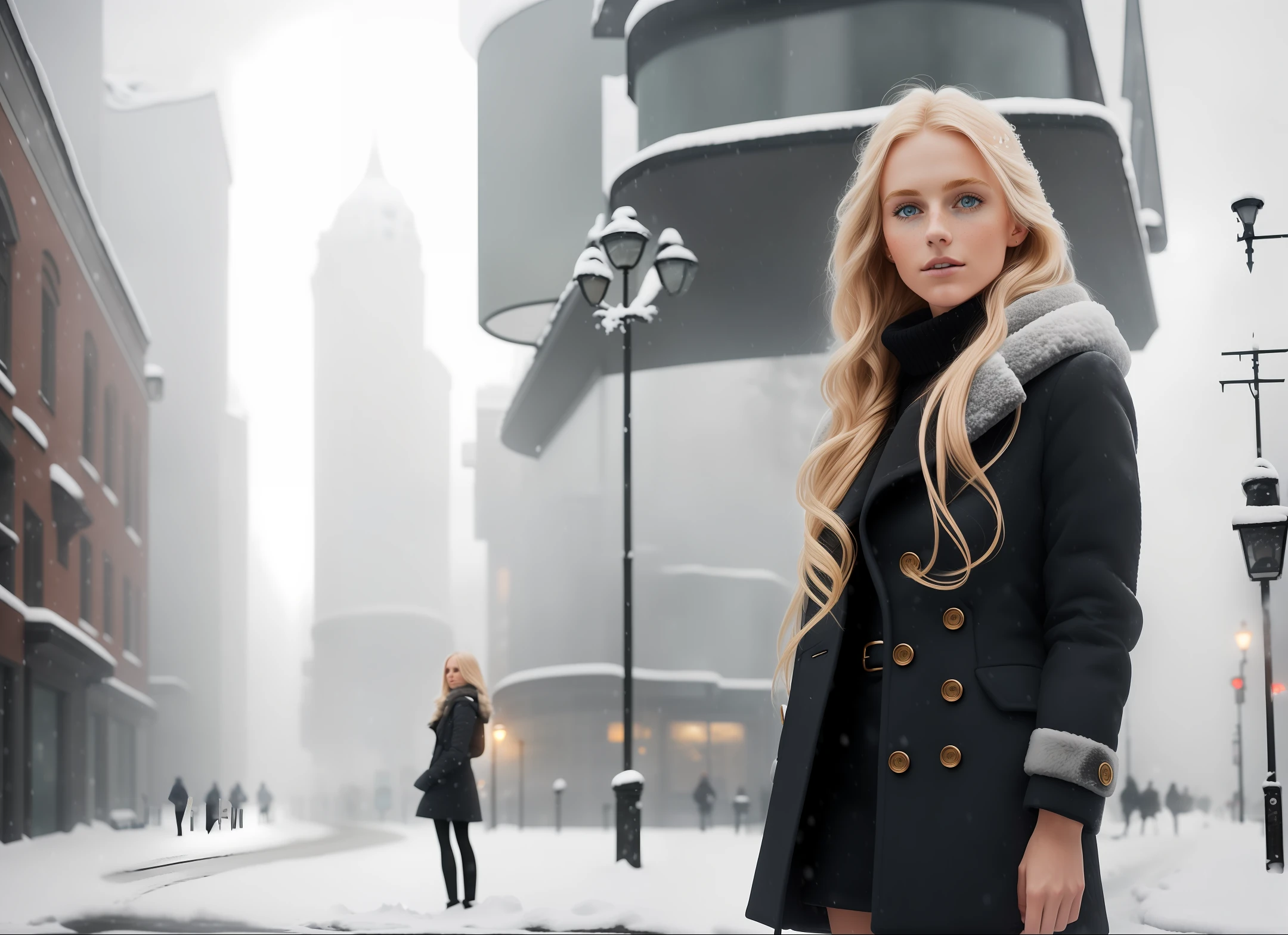 professional portrait photograph of a gorgeous Norwegian girl in winter clothing with long wavy blonde hair, ((sultry flirty look)), freckles, beautiful symmetrical face, cute natural makeup, ((standing outside in snowy city street)), stunning modern urban upscale environment, ultra realistic, concept art, elegant, highly detailed, intricate, sharp focus, depth of field, f/1.8, 85mm, medium shot, mid shot, (centered image composition), (professionally color graded), ((bright soft diffused light)), volumetric fog, trending on instagram, trending on tumblr, hdr 4k, 8k