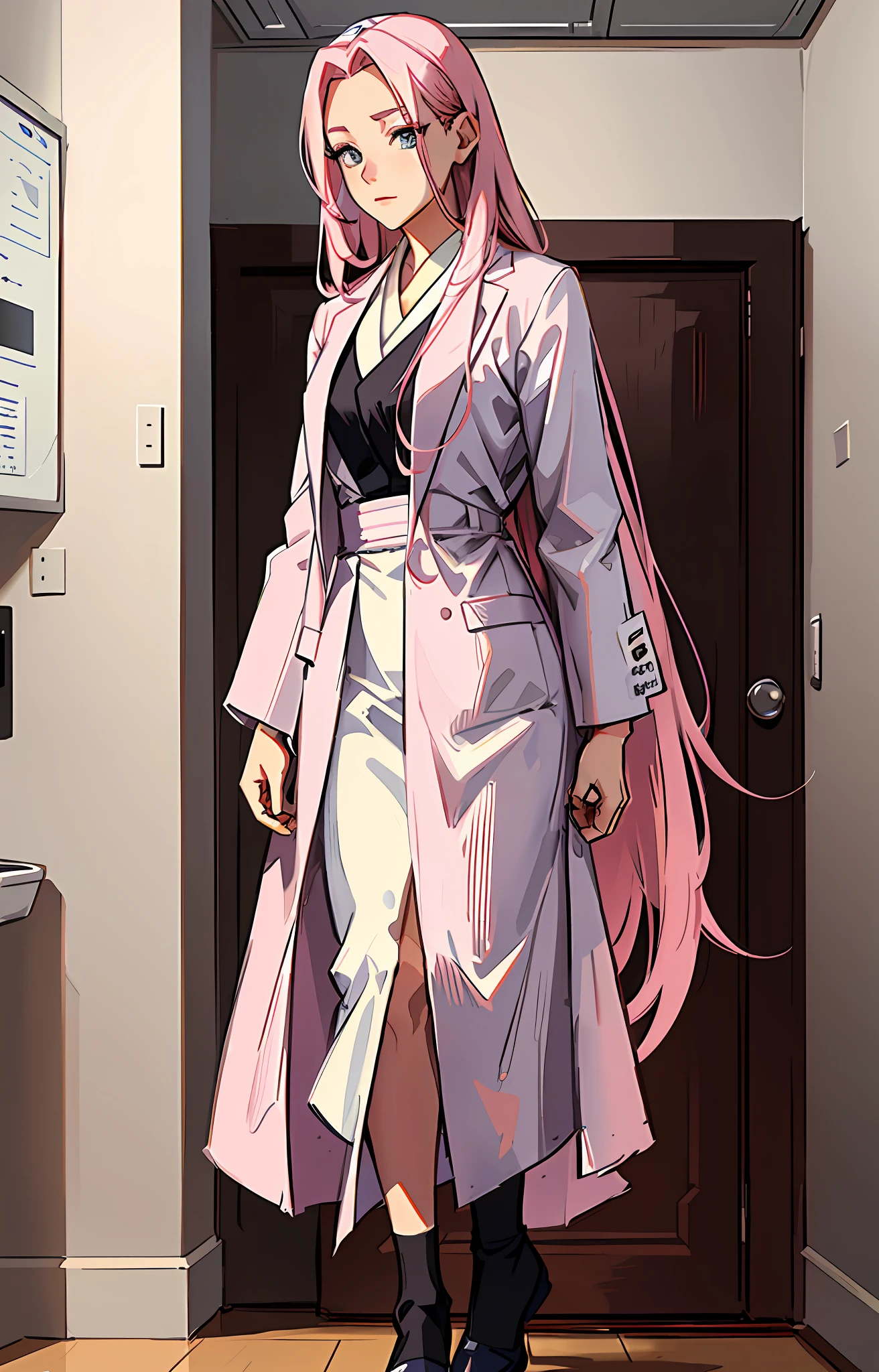 SakuraNS, ((solo)), alone, ((forehead the show)), elegant, wearing a white lab coat, pink hair, delicate, young, long hair, detailed face, high definition, ((full body)), full body, ((serious)), in a hospital, working absentmindedly, doctor, she is a successful beautiful woman, face with high quality,medical, high definition, sharp, sharp features, no bandana, no adornments, illustration, digital drawing