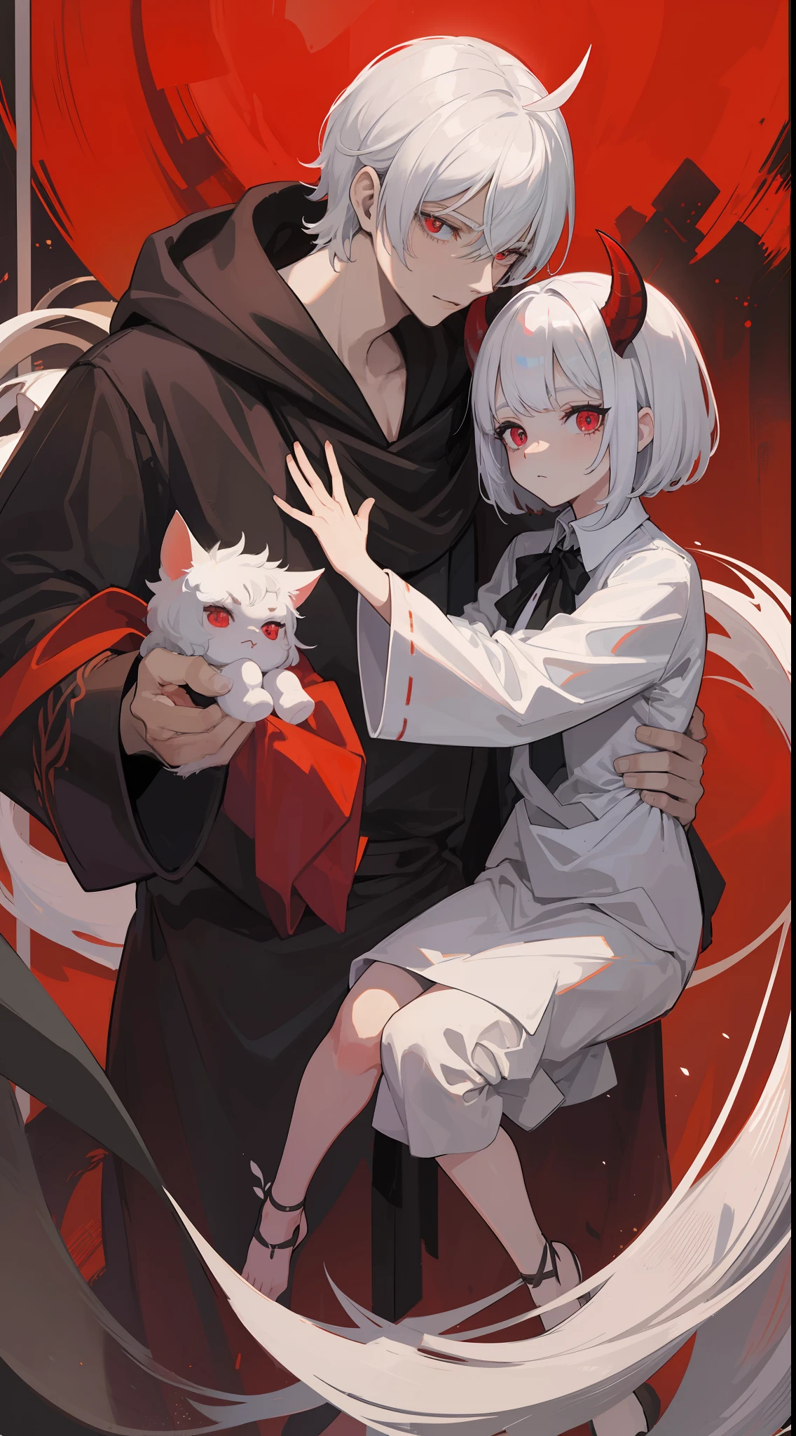 1mysterious man, sharp red eyes with cat pupils, white short hair and he was wearing the demon lord robes, he have two white horn and holding his daughter((41 year old face))