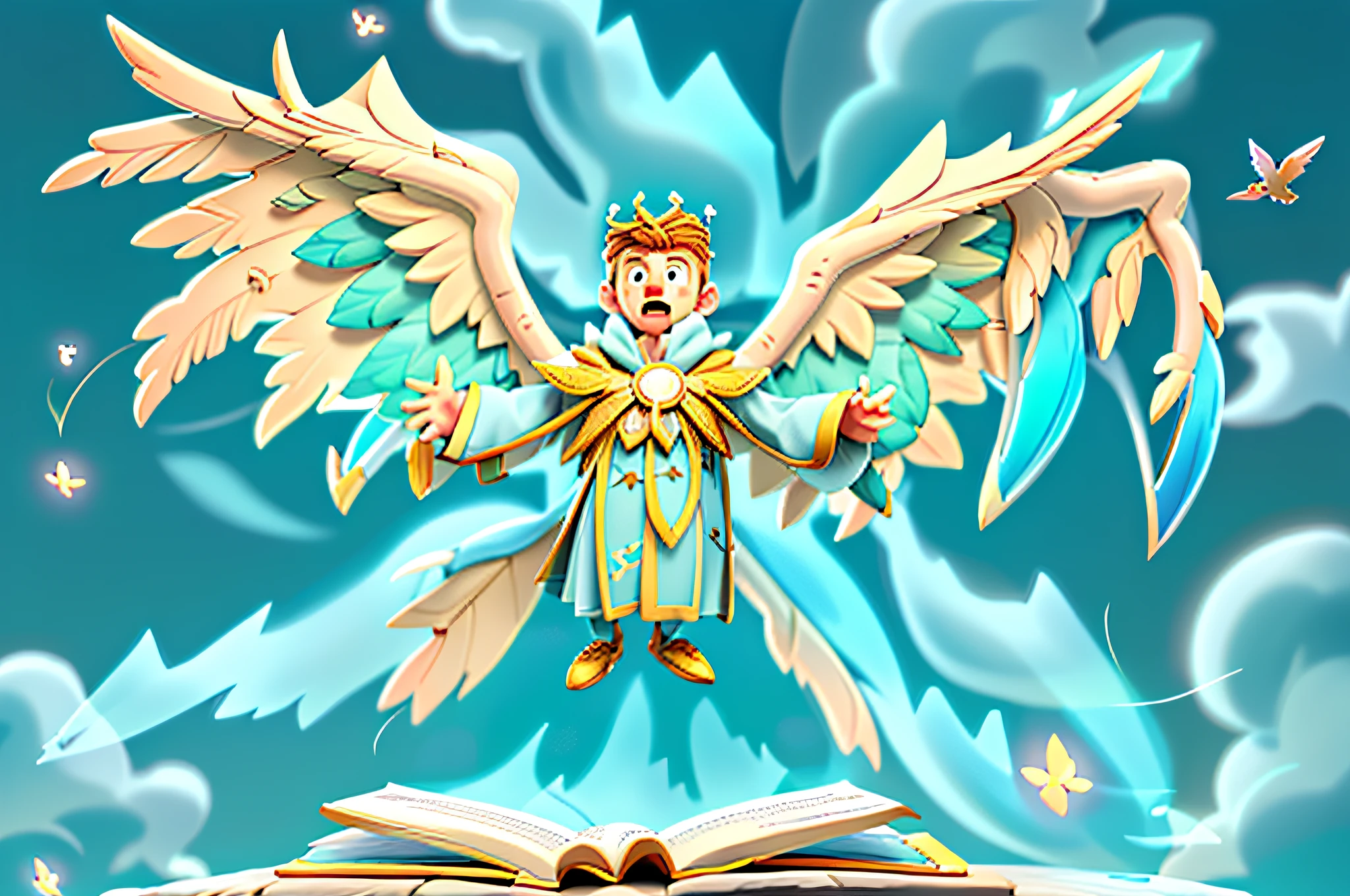 A drawing of a person flying over a book with a bird on it, winged boy, Ophanim has bird wings, winged human, winged wings, winged, Old Testament angel, his arms open. ready to fly, possibly an angel, wearing a crown and cape, wings spread, wings black instead of arms, wings outstretched
