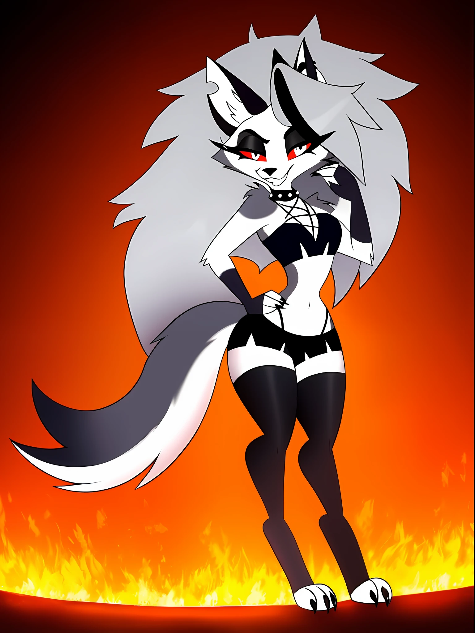 Loona von Helluva Boss, Serie genau, fire background, skinny, ((Correct tail position),