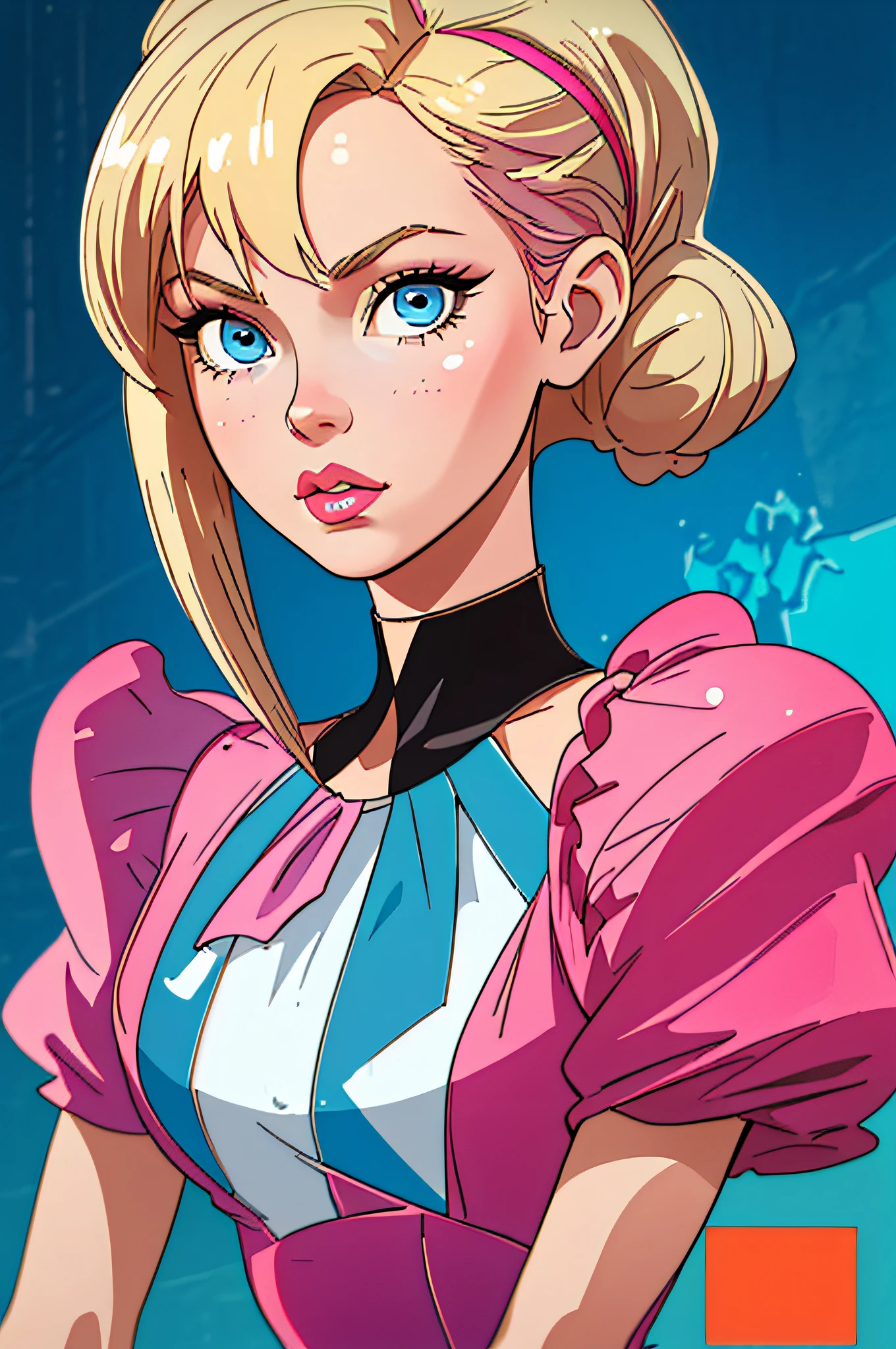 (best quality, masterpiece), 1girl, 1980s \(style\), barbie style, blue eyes, blonde hair,looking at the viewer, pinup \(style\), upper body, fashion pink dress.