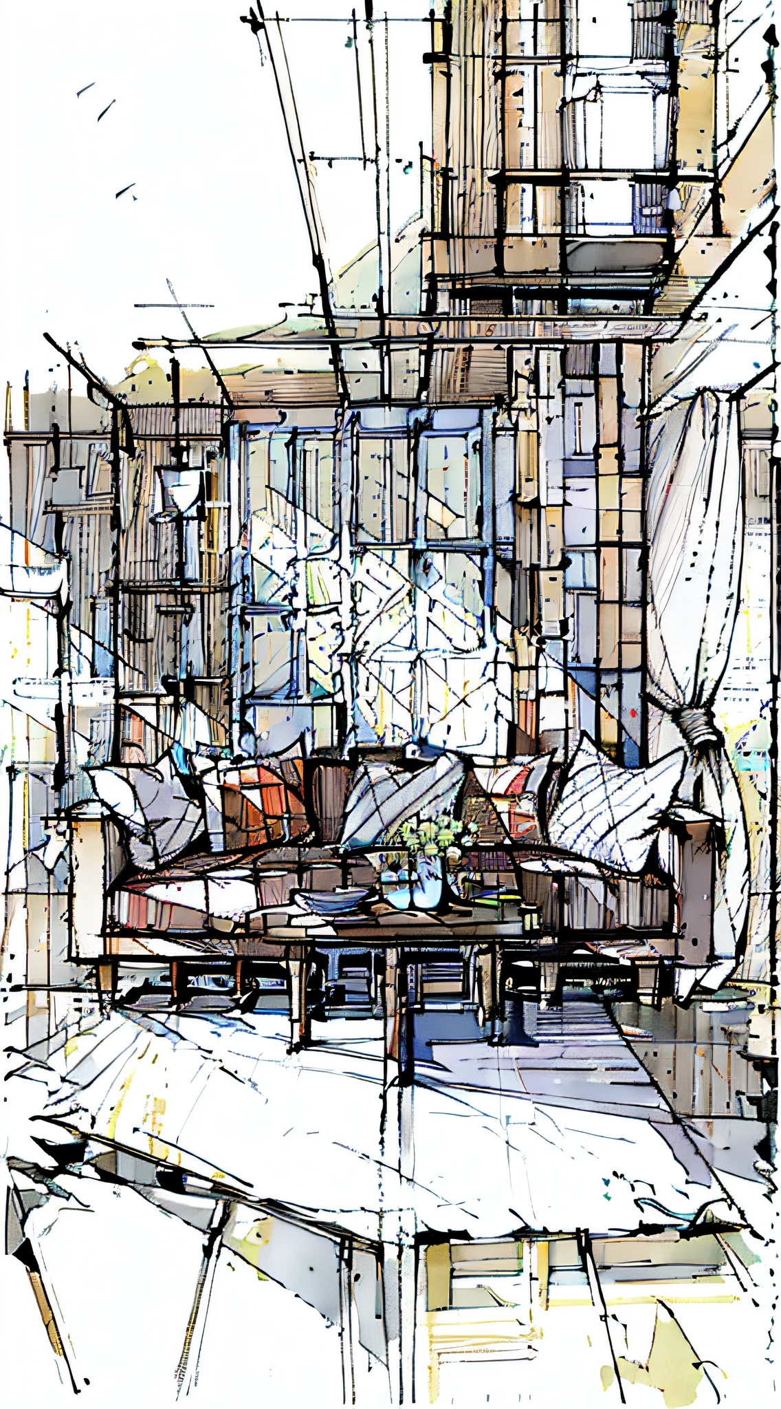 a sketch of a beautiful modern living room, (((foster and partners, artists impression, artistic impression, by Hamish MacDonald, by Carey Morris, by David Brewster, higher detailed illustration, by Helen Berman, an illustration, detailed illustration, by Nick Fudge, by Warren Mahy, artist's impression))), a red kitchen cabinet behind the white sofa, with minimal pictures on the wall, linen curtain next to the classroom window, coffee table, modern wood, ceiling with magnetic emissive lighting, white fabric PRB textures, wooden floor PRB texture,