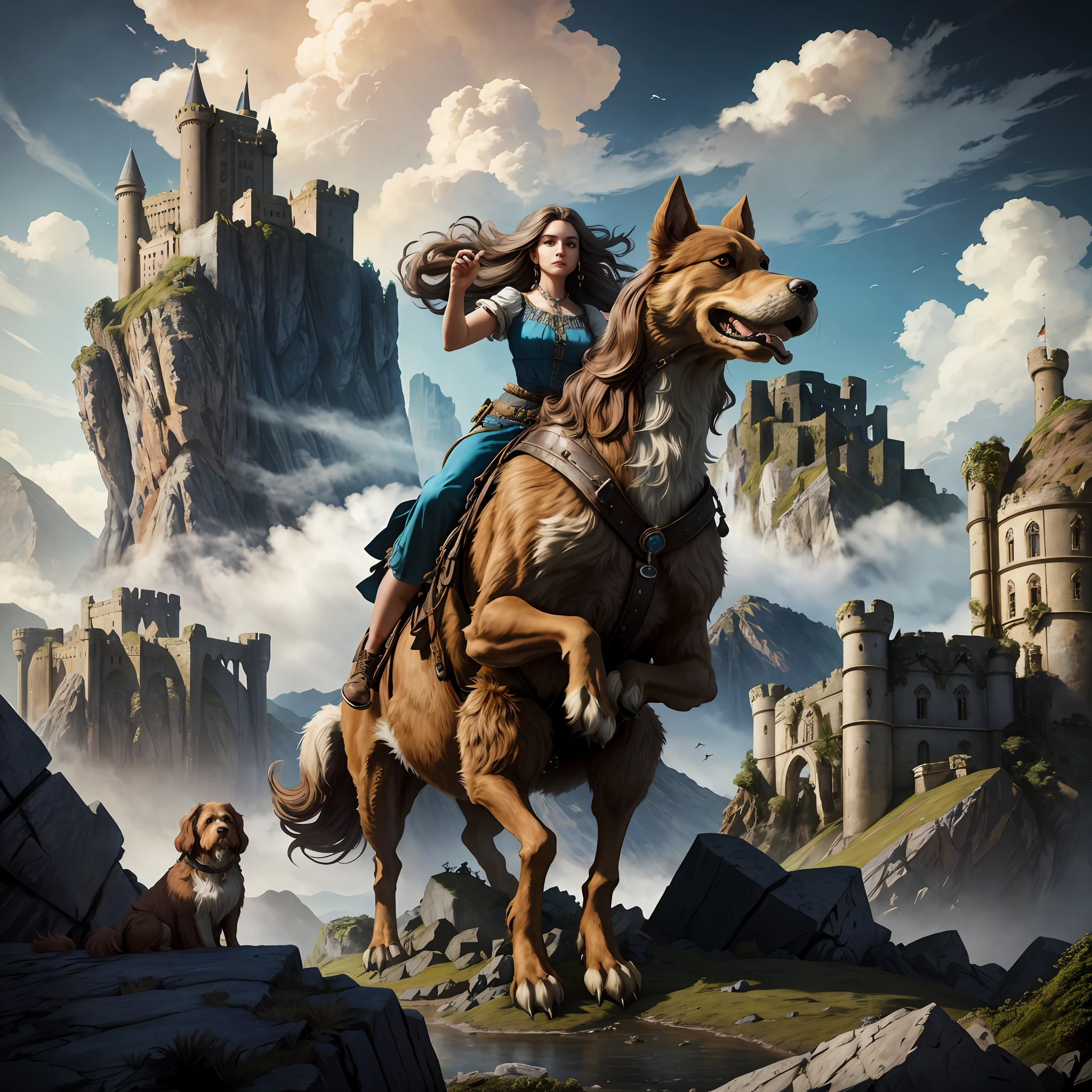 Portrait, Woman with flowing hair, mounted on a friendly giant creature, with the appearance of a giant dog, in a rocky place, with ruins of a castle in the background, on top of a mountain, with large clouds, hyper detailed, intricate, 8k, beautiful