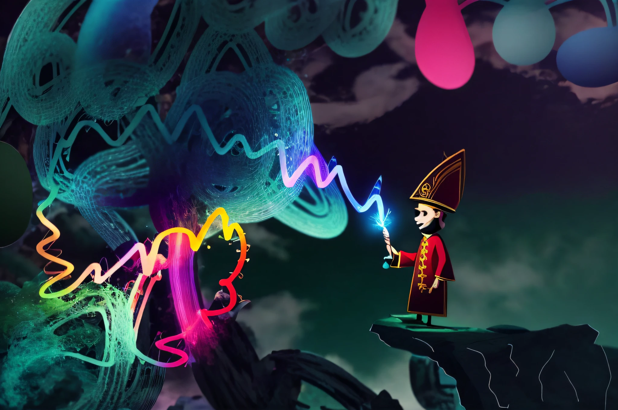 Drawing of a wizard standing on a cliff wearing a hat, holding in his left hand a magic wand casting a multicolored spell, minimalist digital drawing 3 d.