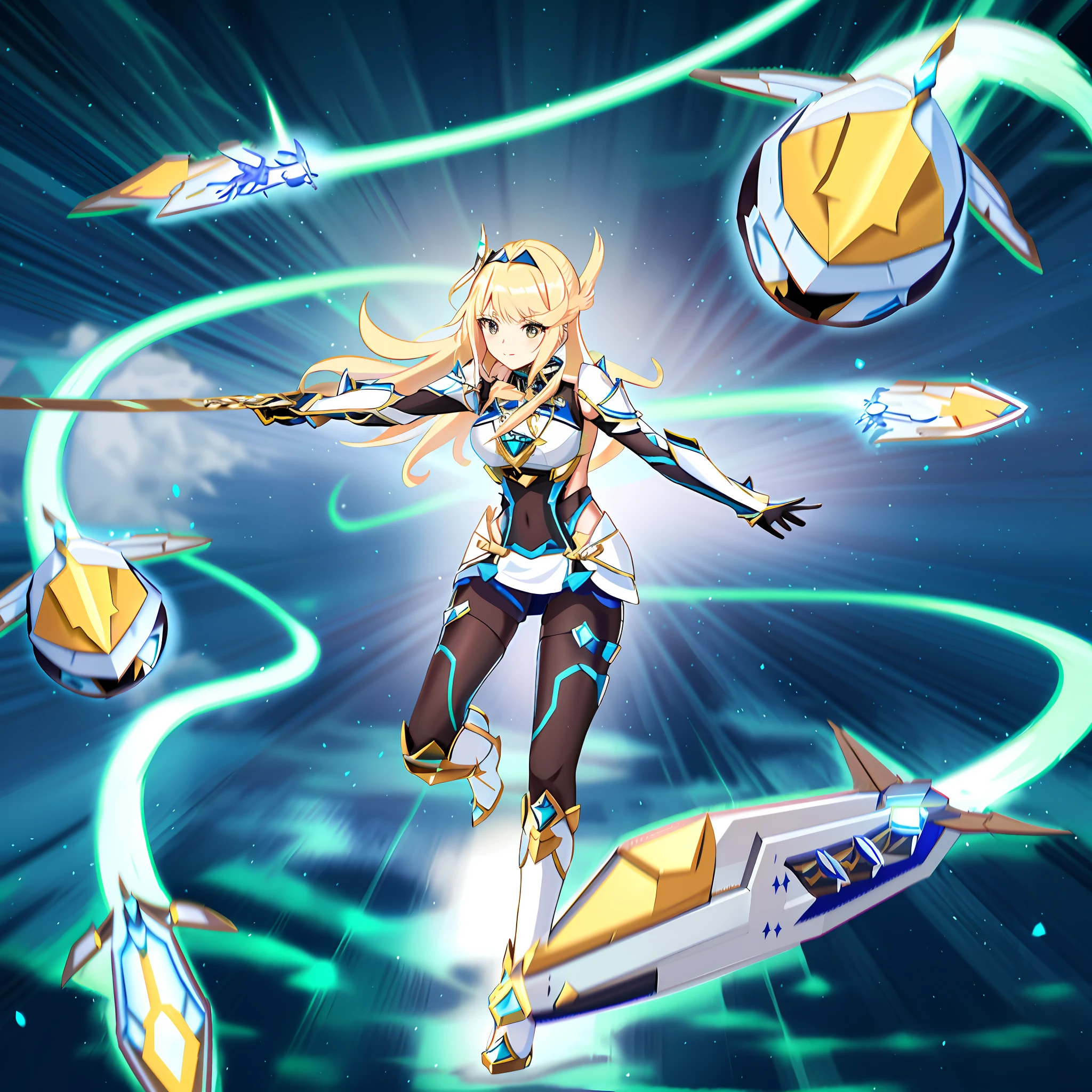 anime girl flying through the air with a sword and a bunch of flying objects, ayaka genshin impact, mechanized valkyrie girl, ayaka game genshin impact, from the azur lane videogame, gear aurora, in opal armor, armor girl, knights of zodiac girl, cushart krenz key art feminine, azur lane style, genshin impact character
