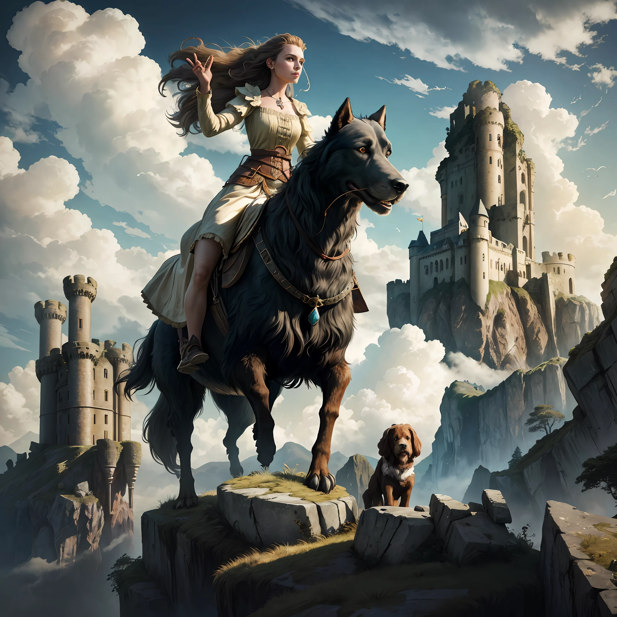 Portrait, Woman with flowing hair, mounted on a friendly giant creature, with the appearance of a giant dog, in a rocky place, with ruins of a castle in the background, on top of a mountain, with large clouds, hyper detailed, intricate, 8k, beautiful