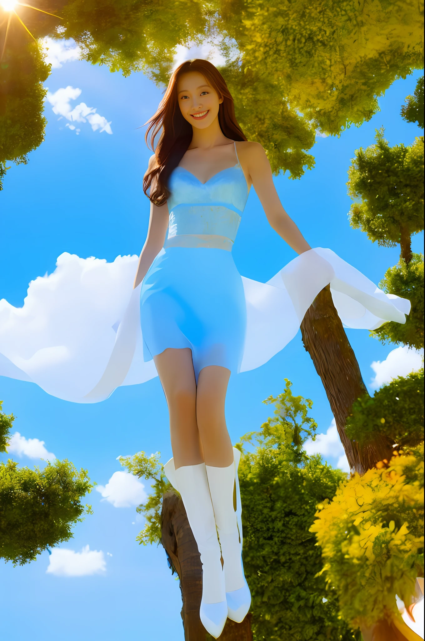 (Masterpiece, Best Quality, Master Piece, Realistic, Octane Rendering, Surreal, High Contrast, 8K Wallpapers: 1.3), 1 Girl, Single, Blue Sky, Blue Sky, Mirror, Light Pink and Light Sky Blue Style, Ethereal Leaves, Playful Arrangement, Fantasy, (Realistic Face: 1.2), Gorgeous Fabrics, Light on the Face, Sharp Face, Long Hair, Light Makeup, (Smile: 1.2), Cute, (Silk: 1.2), Wind, (Leg Covering: 1.3), Downblouse