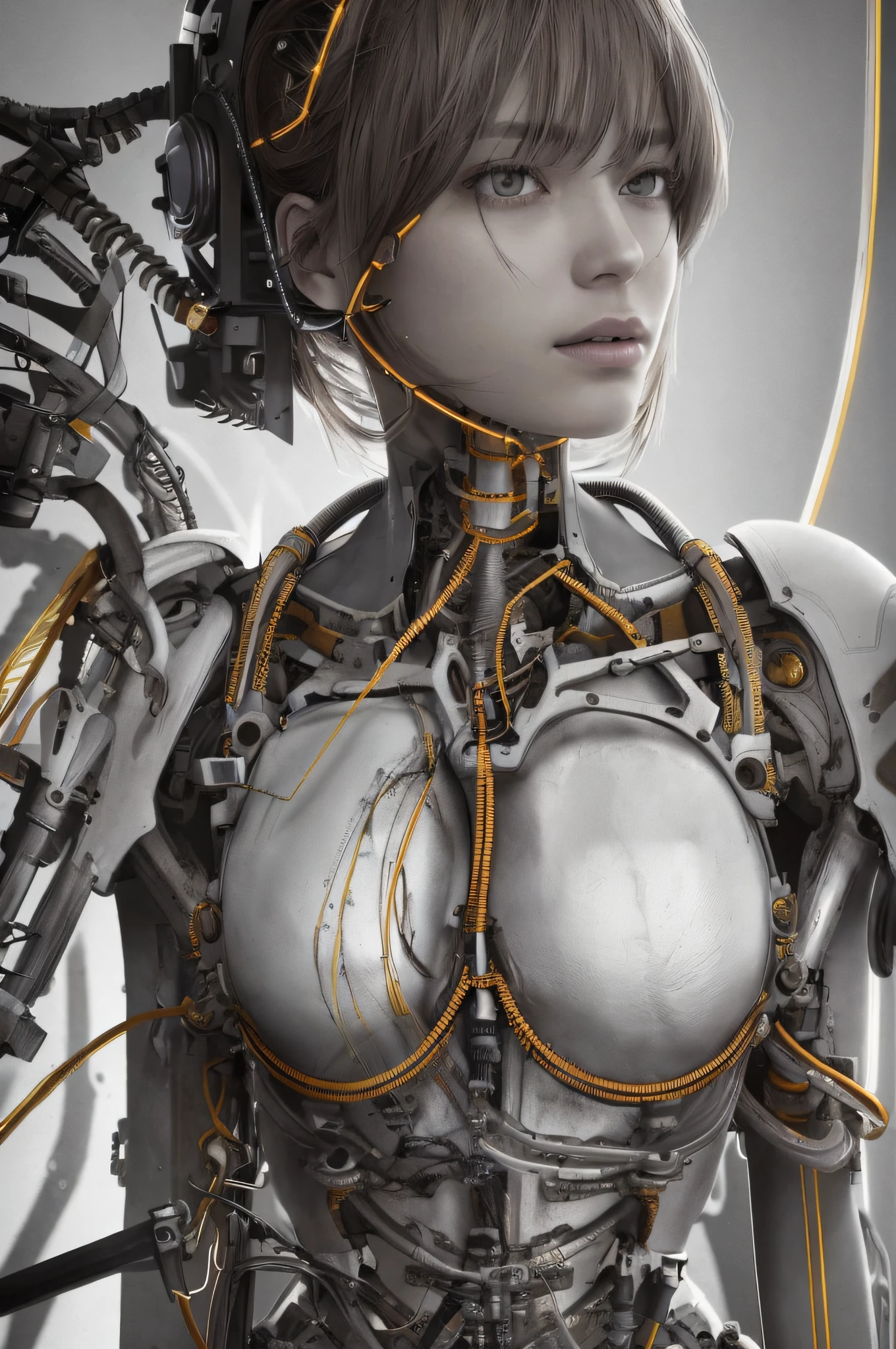 1 mechanical girl, ((super realistic details)), portrait, global illumination, shadows, octane rendering, 8k, super sharp, metallic, complex, ornamental detailed, cool colors, Egyptian details, highly complex details, realistic light, CGsociety trends, glowing eyes, facing camera, neon details, mechanical limbs, blood vessels attached to tubes, mechanical vertebrae attached to the back, mechanical cervical vertebrae connected to the neck, standing, wires and cables attached to the head, depth, composition, whole body