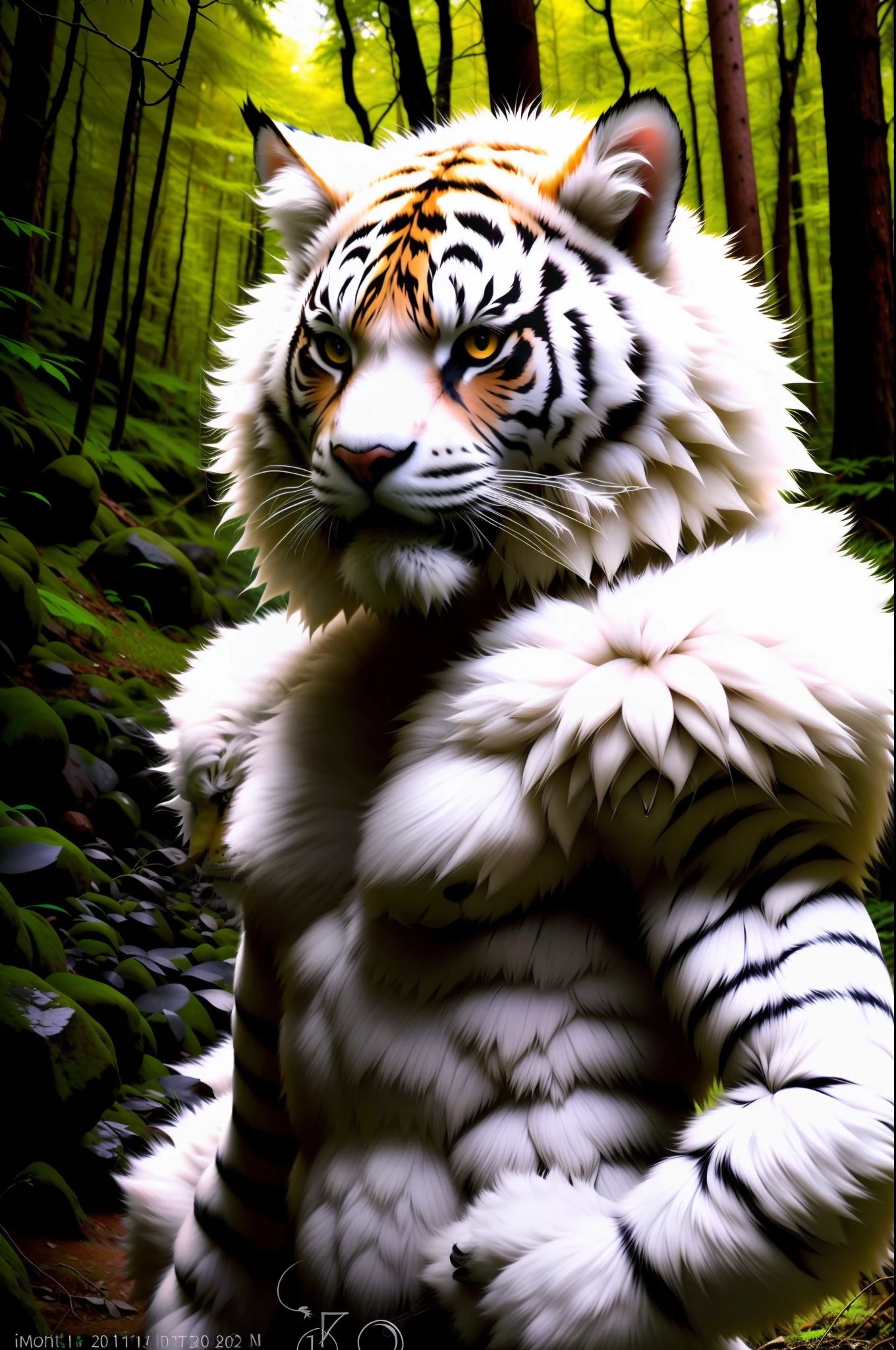 RAW photo, werecreature, werecat tiger, white fur, large head, in a forest, 80mm, f/1.8