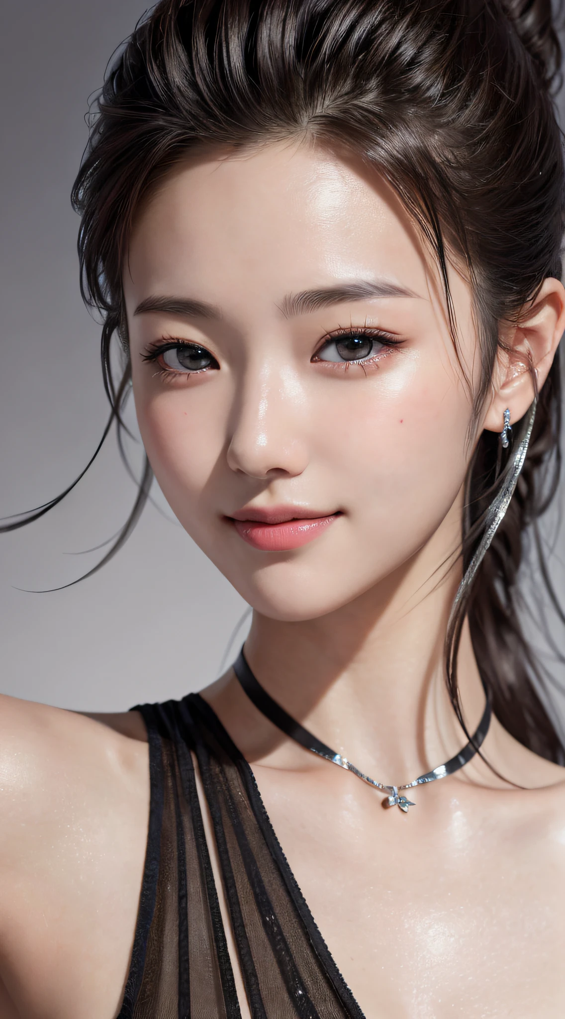 8k, best quality, masterpiece, realistic, ultra detail, photography, HDR, ROW photo, highres, absurdres, cinematic light, official art, depth of field,
close-up, slender, cute face, smile, beautiful details eyes, 19years old korean, pretty, Mohawk with silver color,