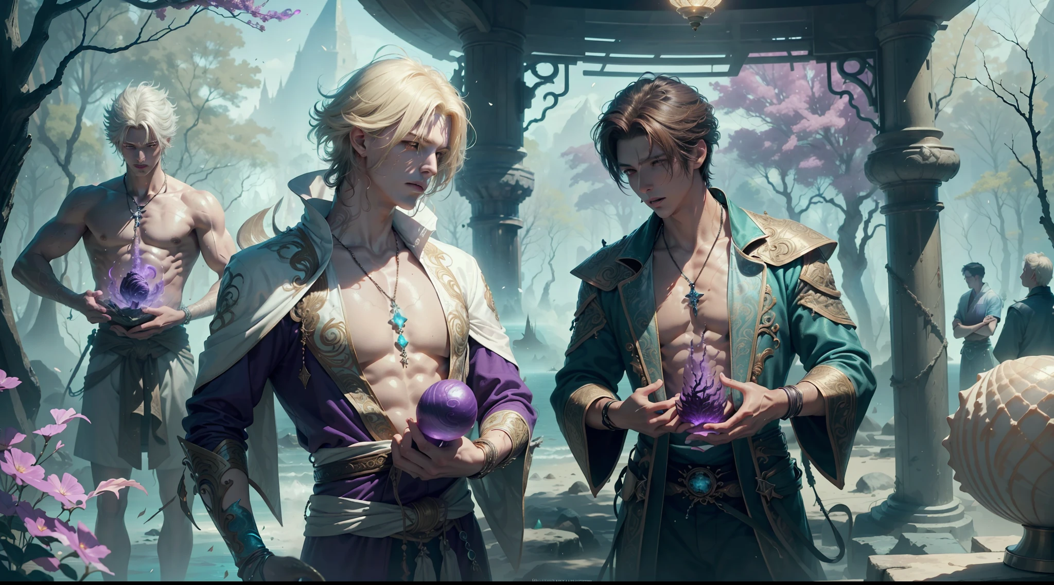 Multi-person interaction, intimate couple, beautiful composition, gorgeous underwater light, "1boy, (Sousuke Aozen), close-up, badass pose, bleach, powerful aura, purple aura", HD, unparalleled masterpiece, dynamic lighting, movie, epic, and "1girl, (dynamic pose), confident powerful mysterious smile, beautiful blonde, (perfect facial features)", (Enchanted Forest: 1.3), (Magic Glow: 1.2), Elegant Atmosphere, (Secluded Beach: 0.8), (Seashell: 0.9), (Flawless Skin: 1.2), breathtaking details. (Masterpiece, best quality: 1.2),