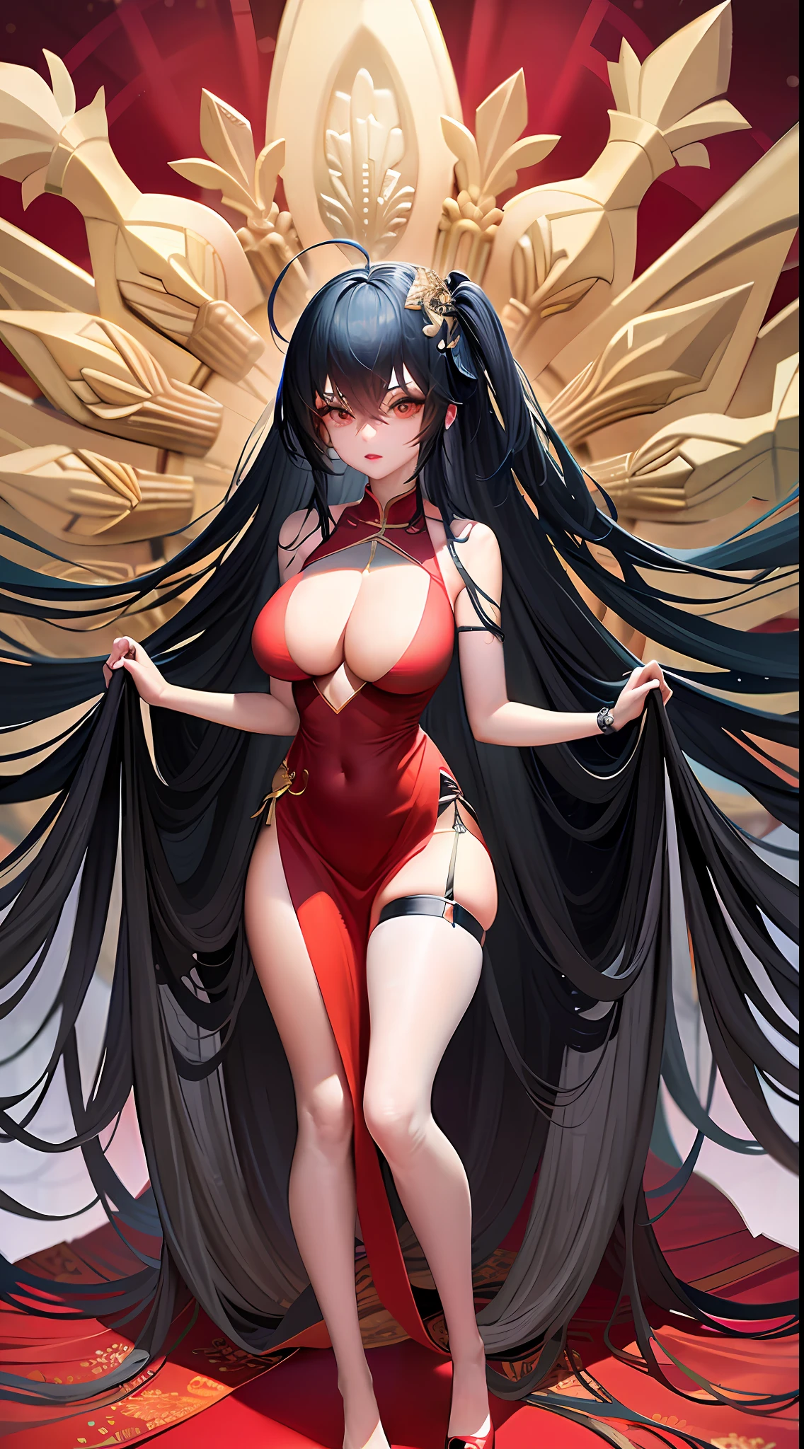 Two-dimensional, black-haired girl, very long hair, tall figure, large chest, cheongsam, thin waist, long legs, bare shoulders, ultra-clear, many details