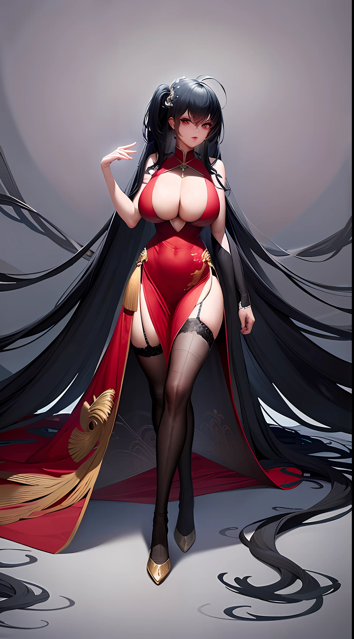 Two-dimensional, black-haired girl, very long hair, tall figure, large chest, cheongsam, thin waist, long legs, bare shoulders, ultra-clear, many details