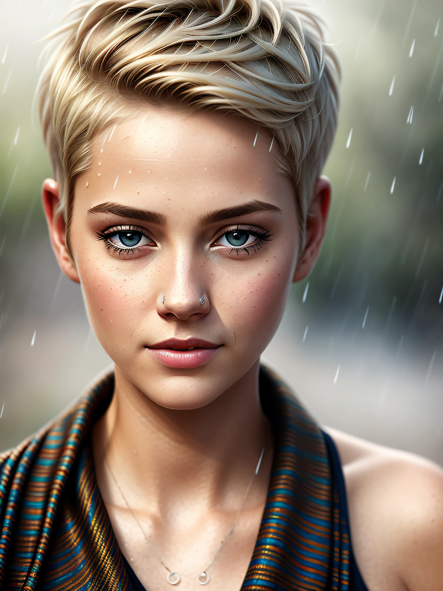 there is a  [white swedish blonde] [short hair, (((pixie cut)))] woman with a messy bun in the rain, , azure eyes, highly realistic digital art, very realistic digital art, beautiful digital artwork, cinematic realistic portrait, ultra realistic digital painting, gorgeous face portrait, beautiful portrait photo, detailed beauty portrait, beautiful realistic face, ultra realistic digital art, ultra-realistic digital art, detailed beautiful portrait, realistic digital painting, beautiful face portrait