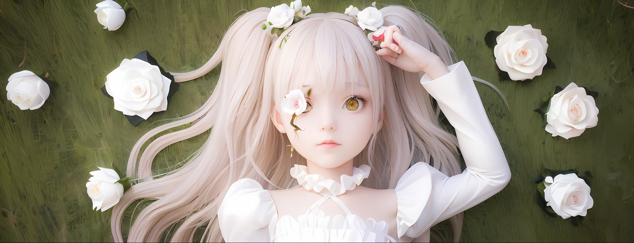 there is a girl with long hair and flowers in her hair, smooth anime cg art, kawaii realistic portrait, artwork in the style of guweiz, guweiz, guweiz on pixiv artstation, realistic anime 3 d style, render of a cute 3d anime girl, photorealistic anime girl render, anime styled 3d, render of april