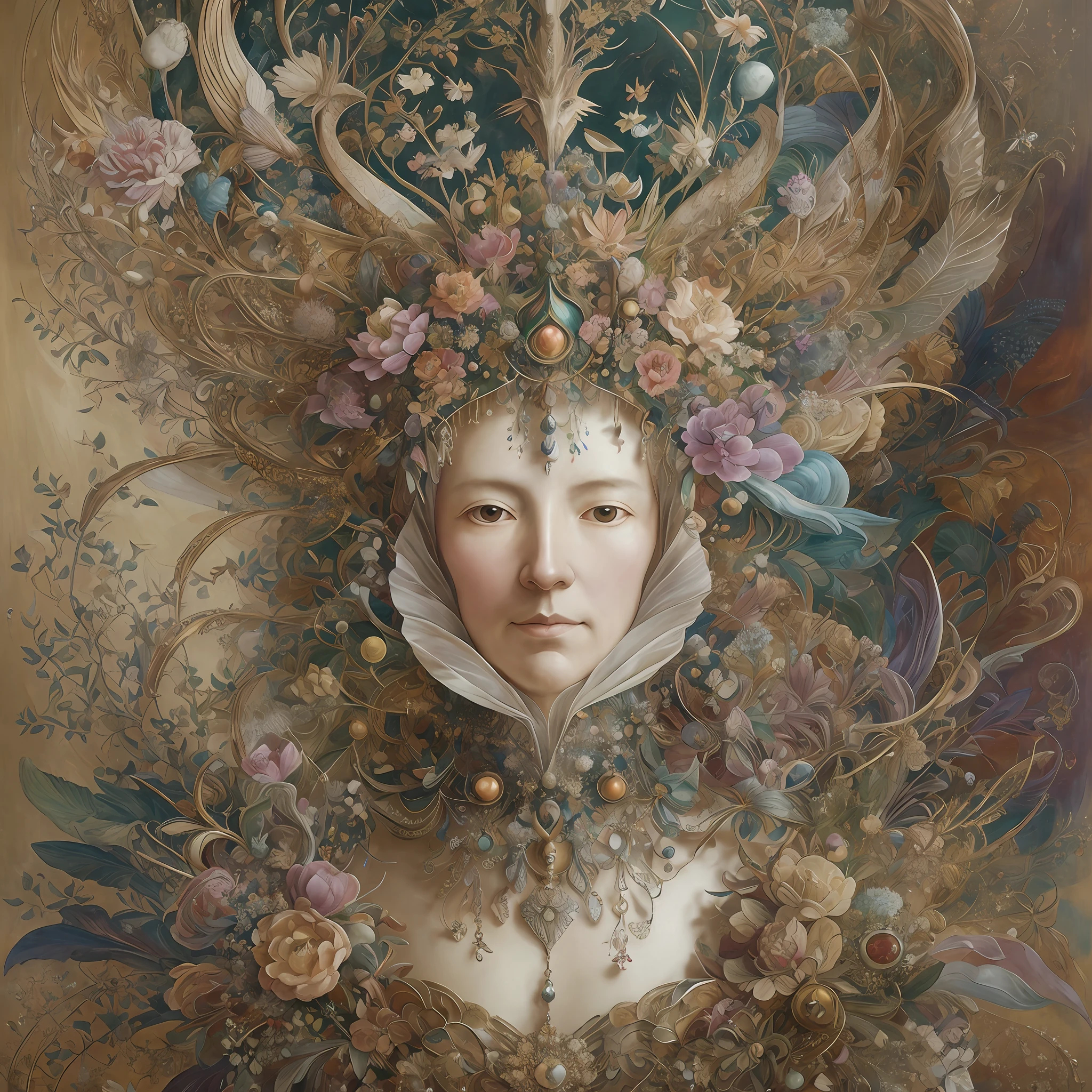 an elder of Yoshitaka Amano, Ellen Jewett , Leonora Carrington, Jan Brueghel et Hendrick Van Balen :: A detailed, elegant, intricate and colorful portrait in mixed media :: A masterpiece of surreal art, a vibrant painting --auto --s2