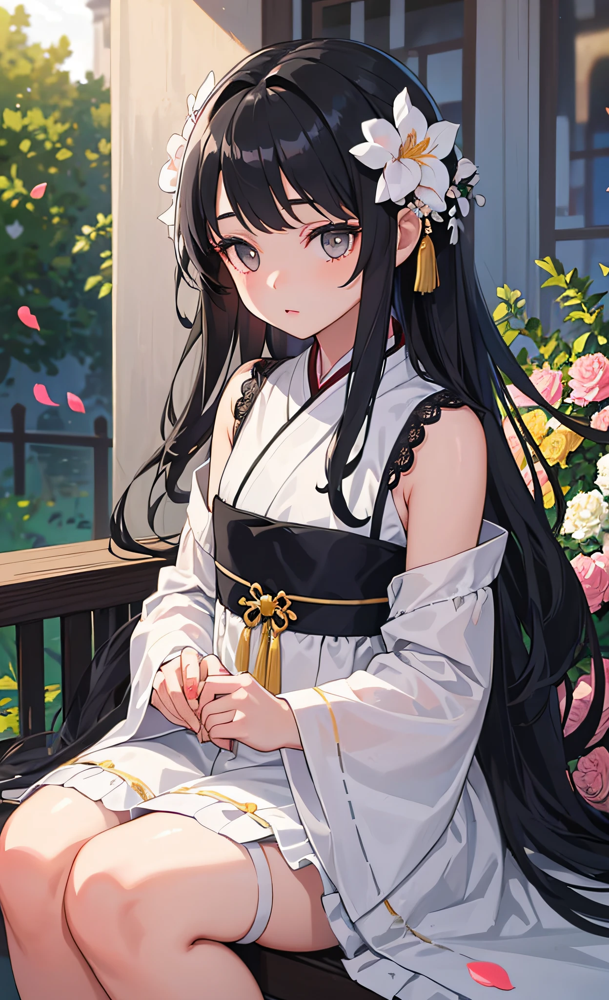 (little girl: 1.5), lace, ribbon, Hanfu, (masterpiece, side light, delicate and beautiful gray eyes: 1.2), masterpiece, realistic, glowing eyes, shiny hair, black hair, long hair, shiny skin, solo, awkward, tube top, delicate, beautiful, garden, flowers, fluttering petals,